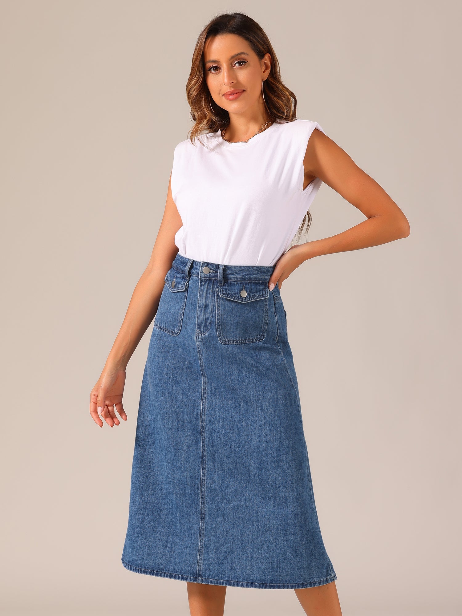 Casual High Waisted Flap Pocket A-Line Long Denim Jean Skirt