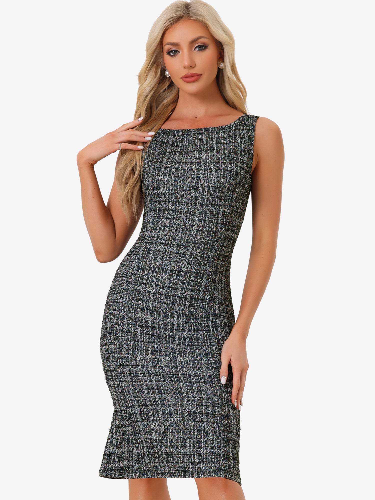 Tweed Sleeveless Elegant Plaid Midi Fishtail Dress