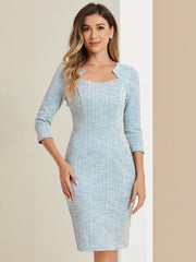 Elegant Square Neck 3/4 Sleeve Plaid Tweed Sheath Dress