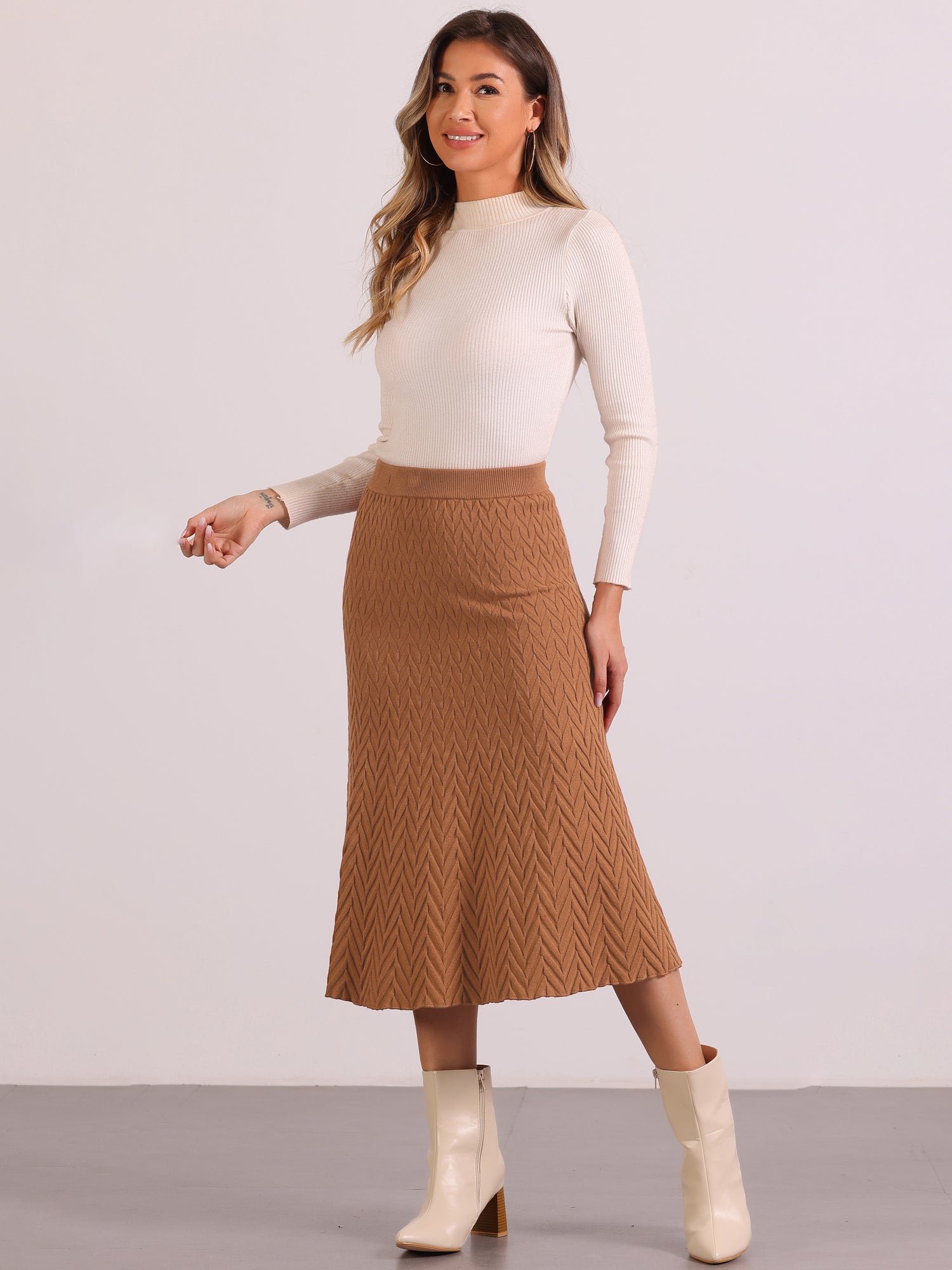 Stretchy Textured Knit Midi Fishtail Sweater Skirt