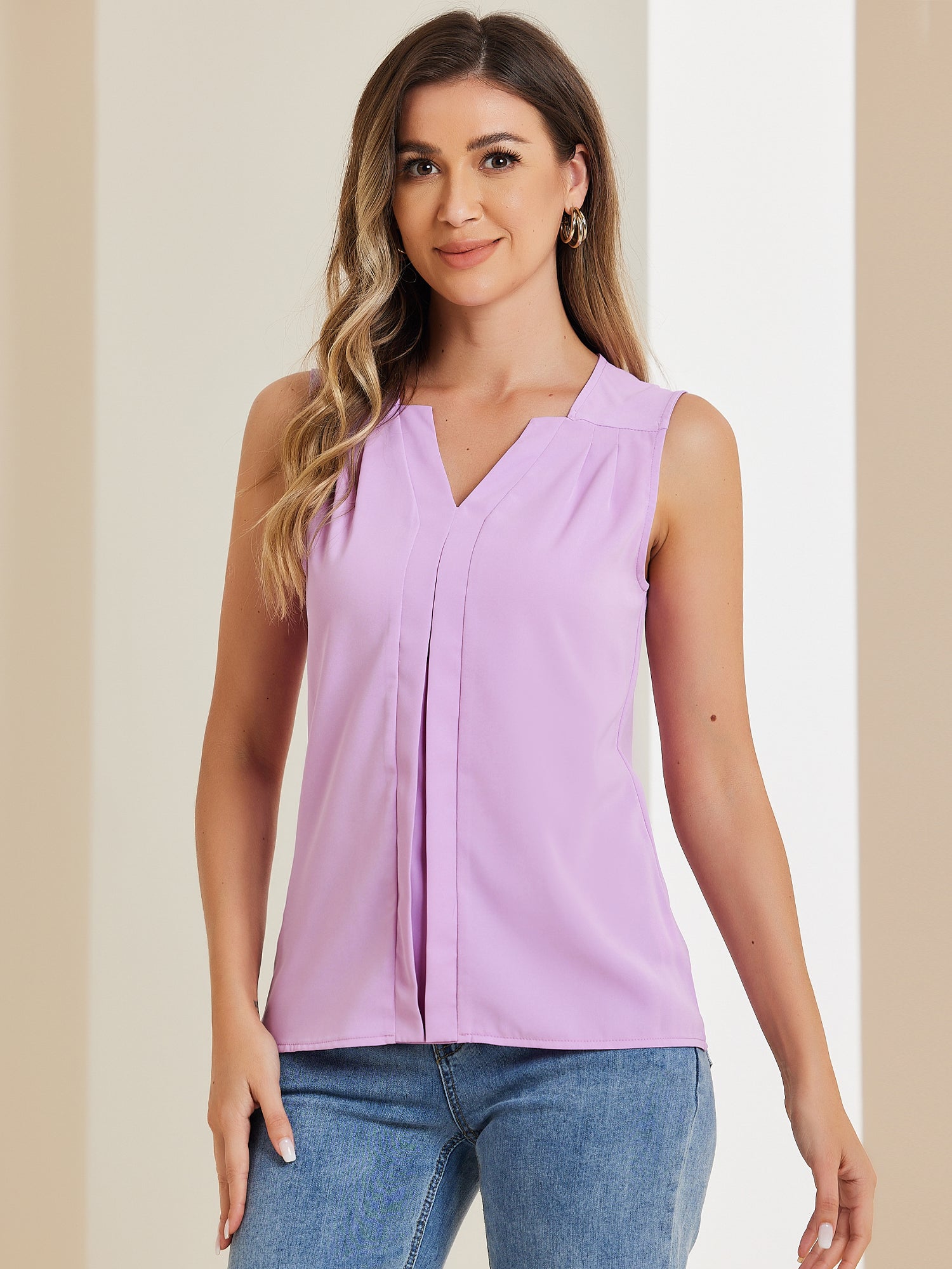 Sleeveless Work Top Pleated Chiffon V Neck Blouse