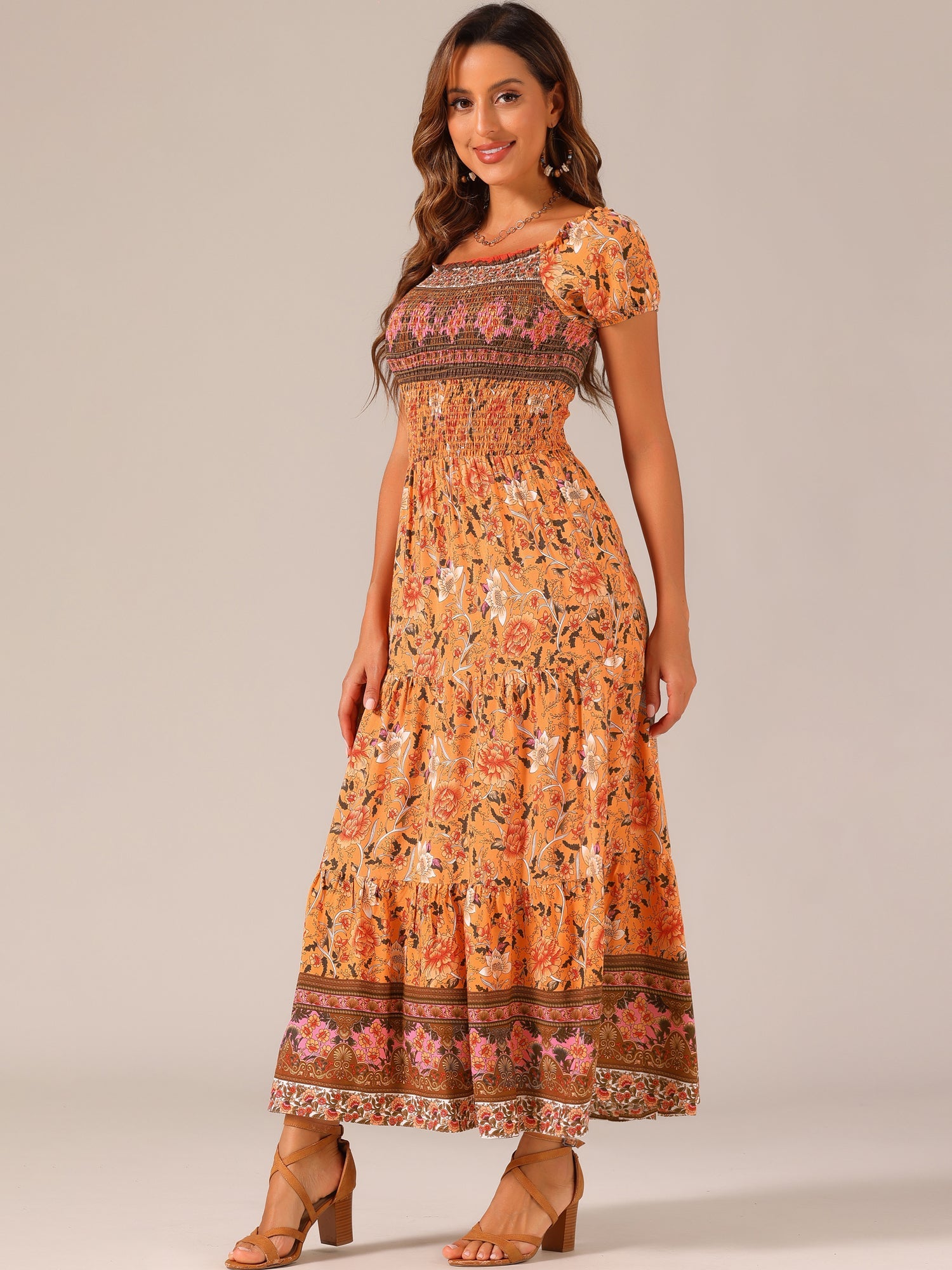 Boho Floral Off Shoulder Puff Sleeves Maxi Smocked Dress