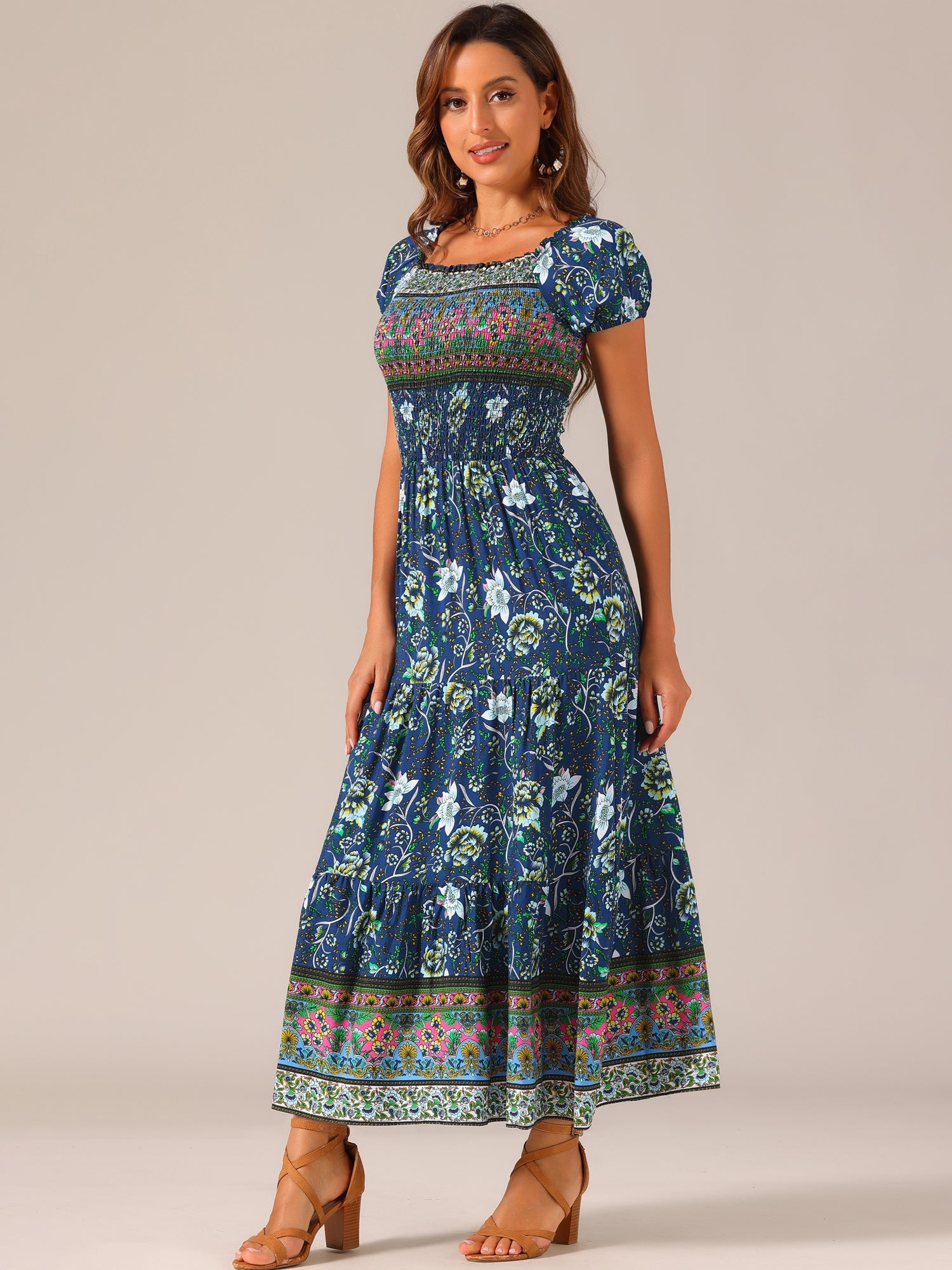 Boho Floral Off Shoulder Puff Sleeves Maxi Smocked Dress