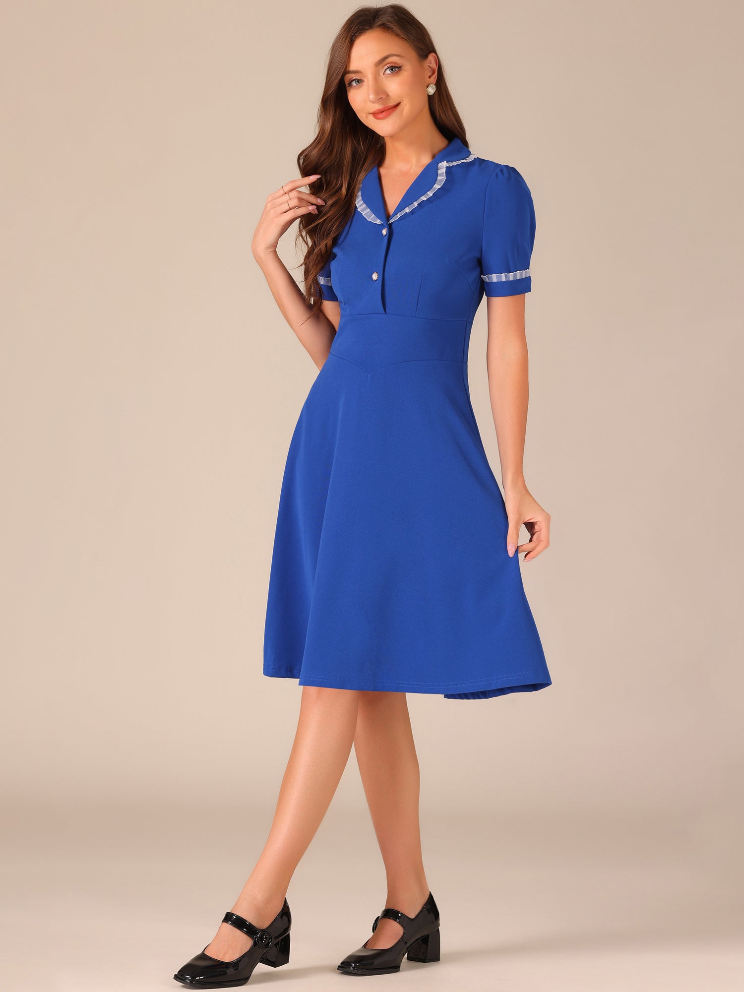 Work Lace Notched Collar Vintage 1950s Short Sleeve Midi Shirt Dress