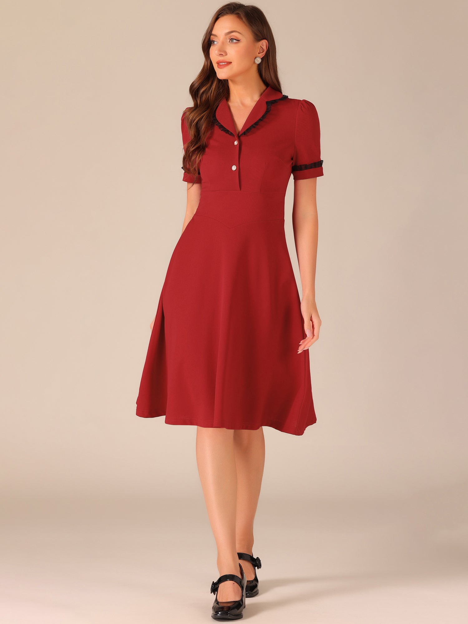 Work Lace Notched Collar Vintage 1950s Short Sleeve Midi Shirt Dress