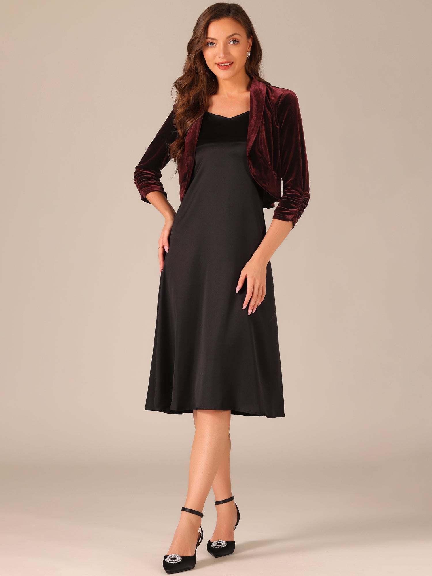 3/4 Sleeve Velvet Open Front Cropped Bolero Shrug