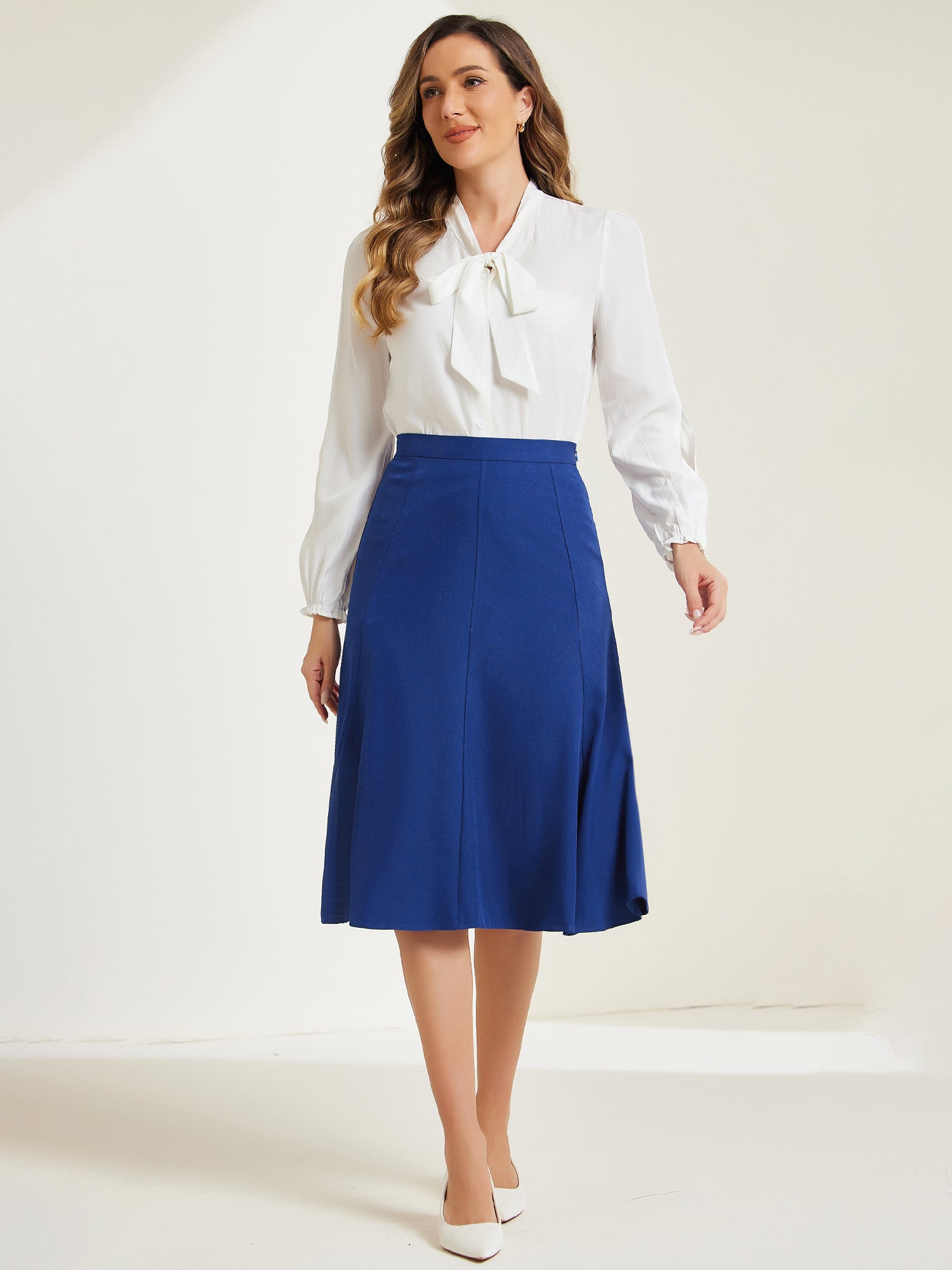 Side Zipper High Waist Elegant Flared A Line Midi Skirt