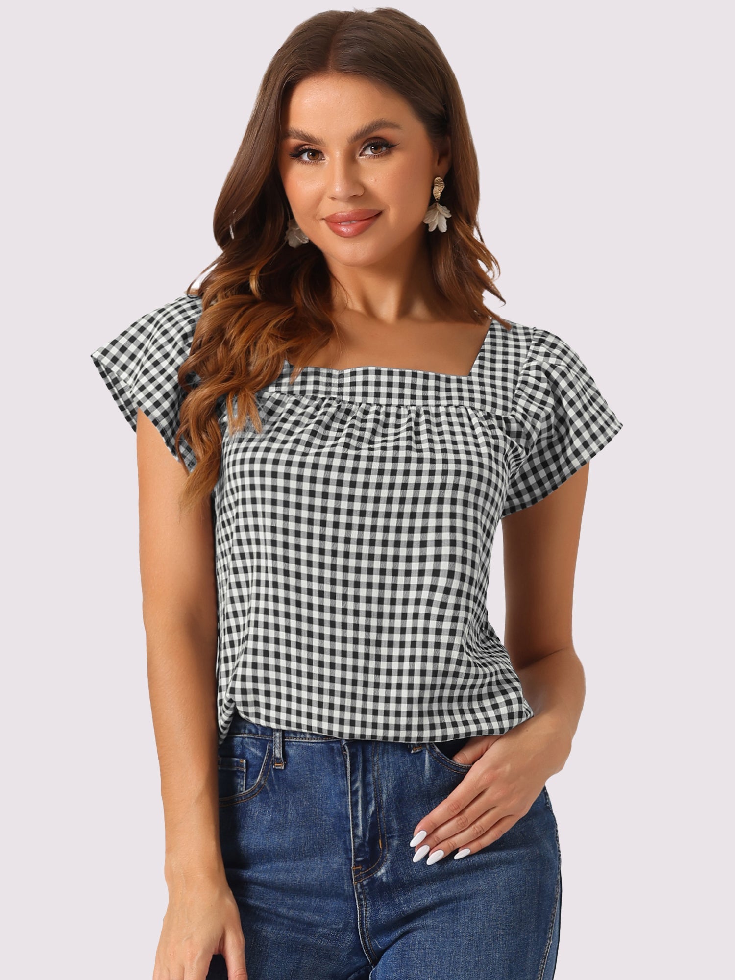 Square Neck Short Sleeves Gingham Plaid Blouse