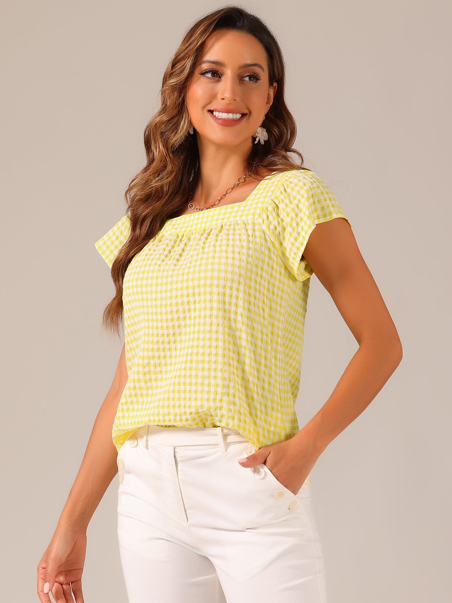 Square Neck Short Sleeves Gingham Plaid Blouse