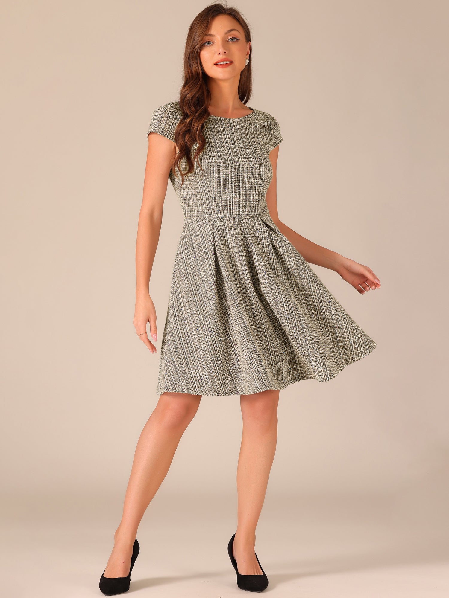 Plaid Tweed Round Neck Cap Sleeve A-Line Vintage Pleated Dress
