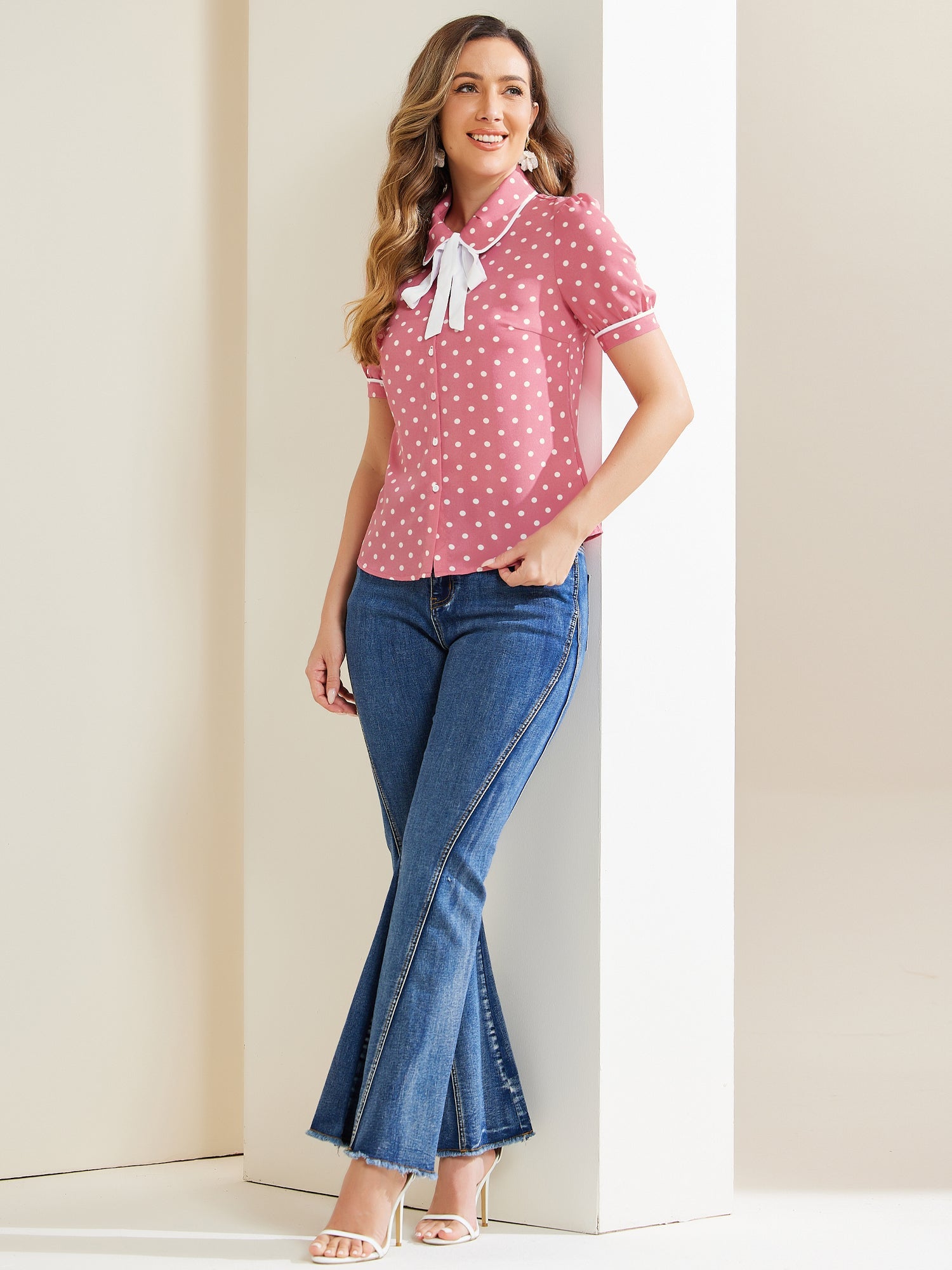 Polka Dot Peter Pan Collar Bow Tie Neck Puff Sleeve Vintage Shirt