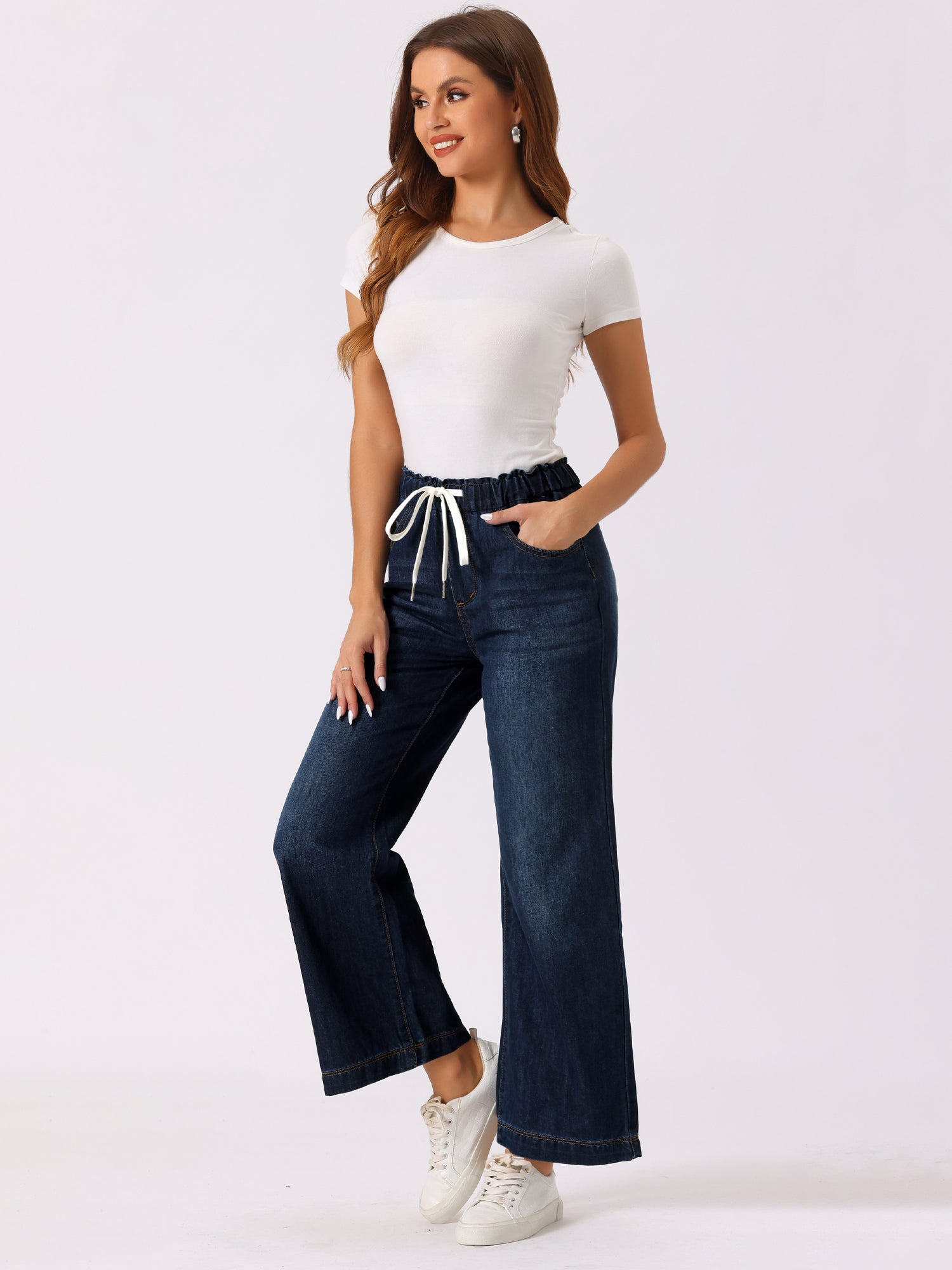 Casual Denim Pants Drawstring Elastic Waist Wide Legs Jeans