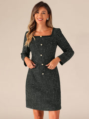 Tweed Square Neck Long Sleeve Pockets Plaid Mini Dress
