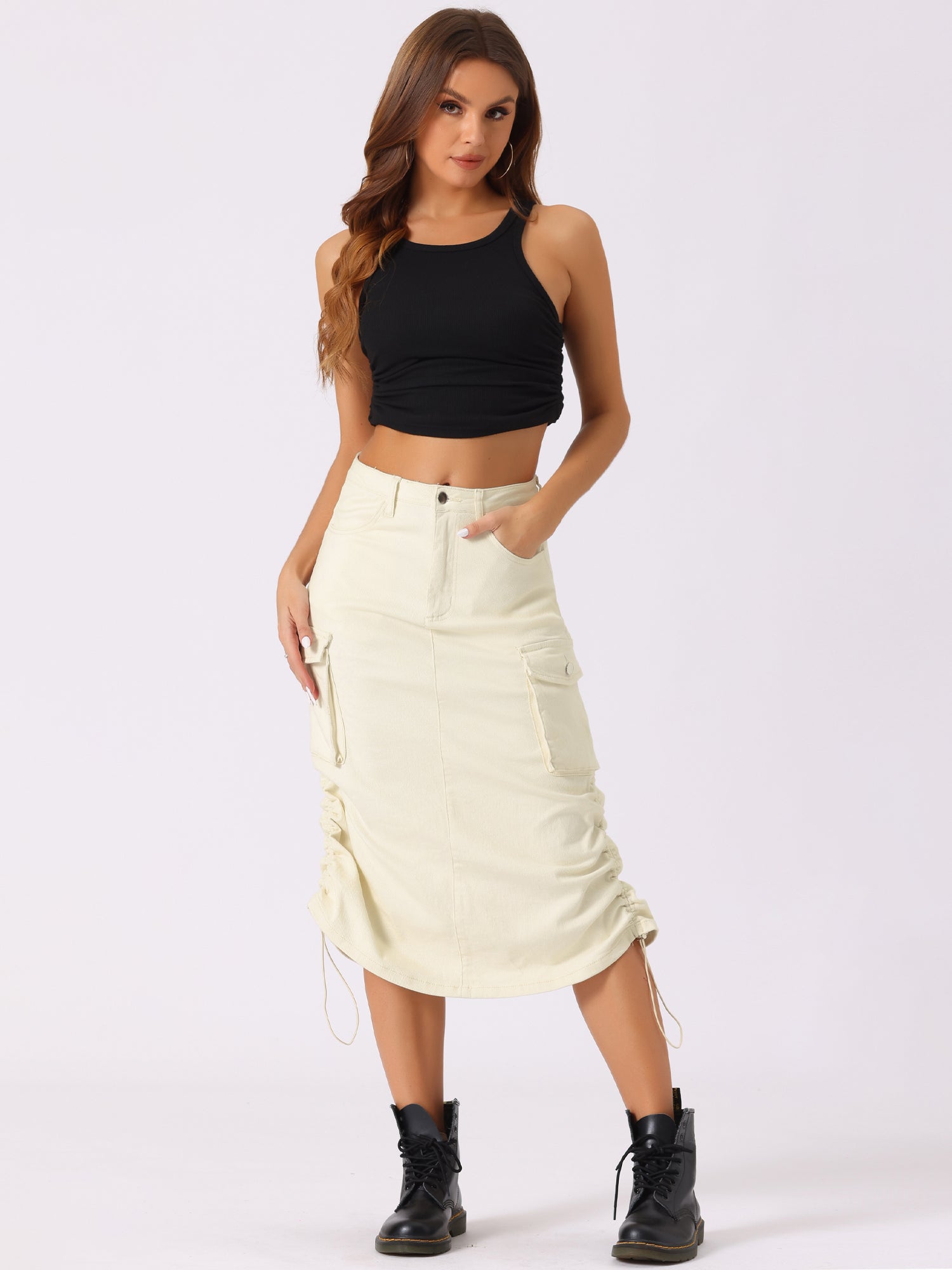 Midi Skirt Flap Pocket Back Slit Drawstring Cargo Skirt