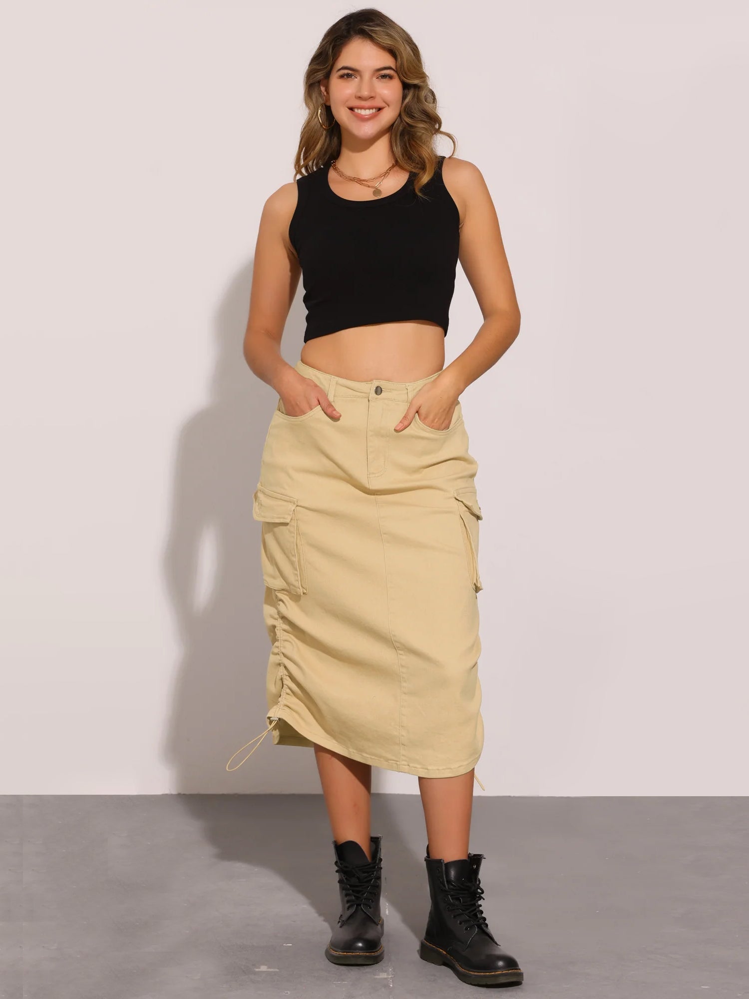 Midi Skirt Flap Pocket Back Slit Drawstring Cargo Skirt