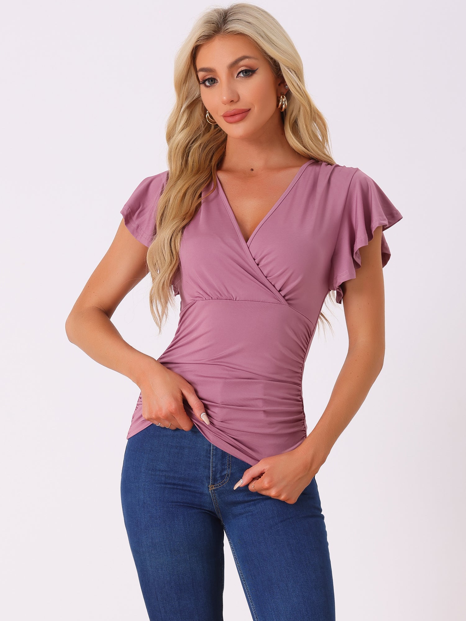 Faux Wrap Blouse Summer V Neck Ruffle Sleeve Casual Top Blouse