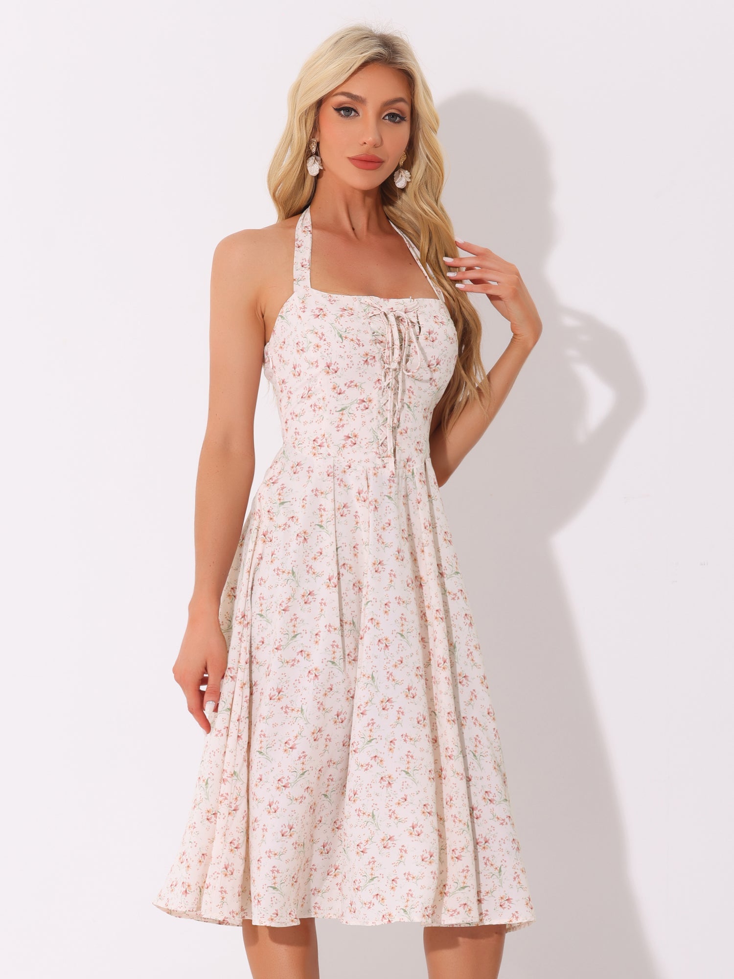 Halter Neck Floral Summer Sundress Sleeveless Lace Up Midi Dress