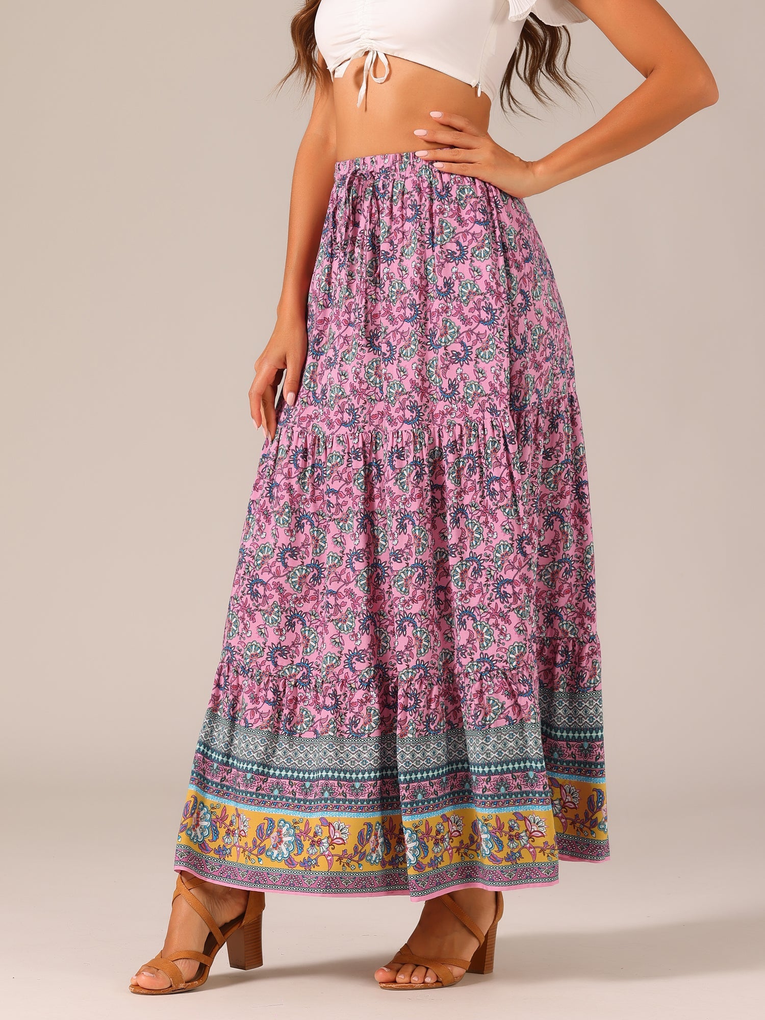 Boho Casual Bohemian Floral Printed Elastic Waist Maxi Skirt