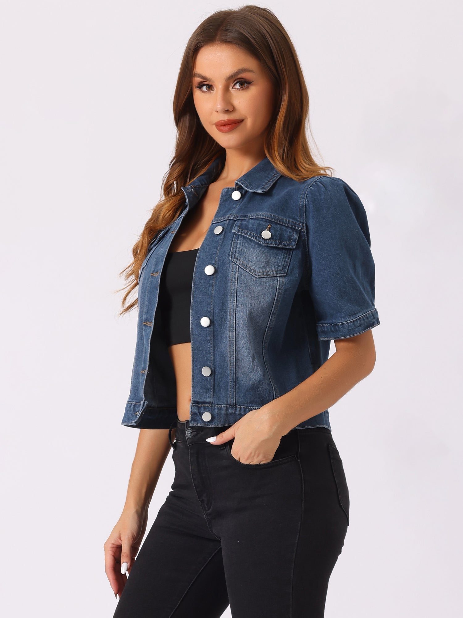 Casual Short Puff Sleeves Button-Down Jean Denim Jacket