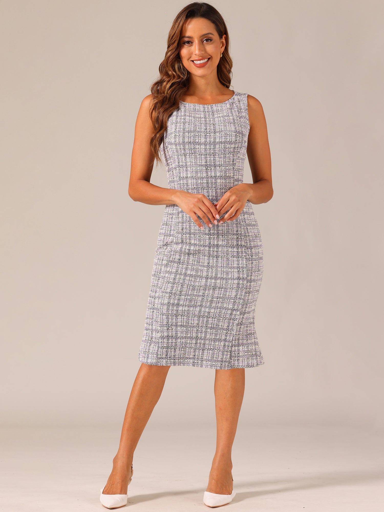 Tweed Sleeveless Elegant Plaid Midi Fishtail Dress