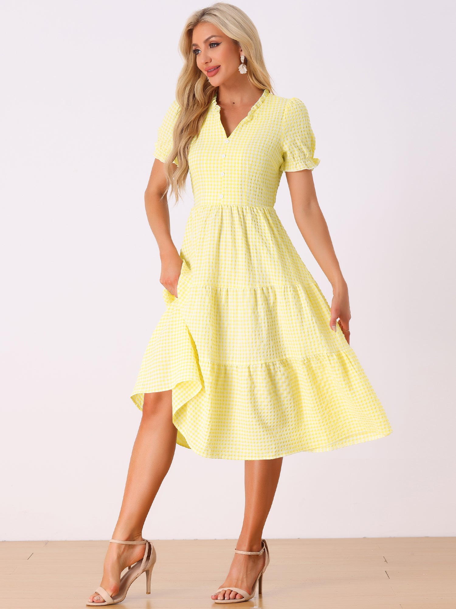Ruffle Trim V Neck Button Decor Plaid Gingham Tiered Midi Dress