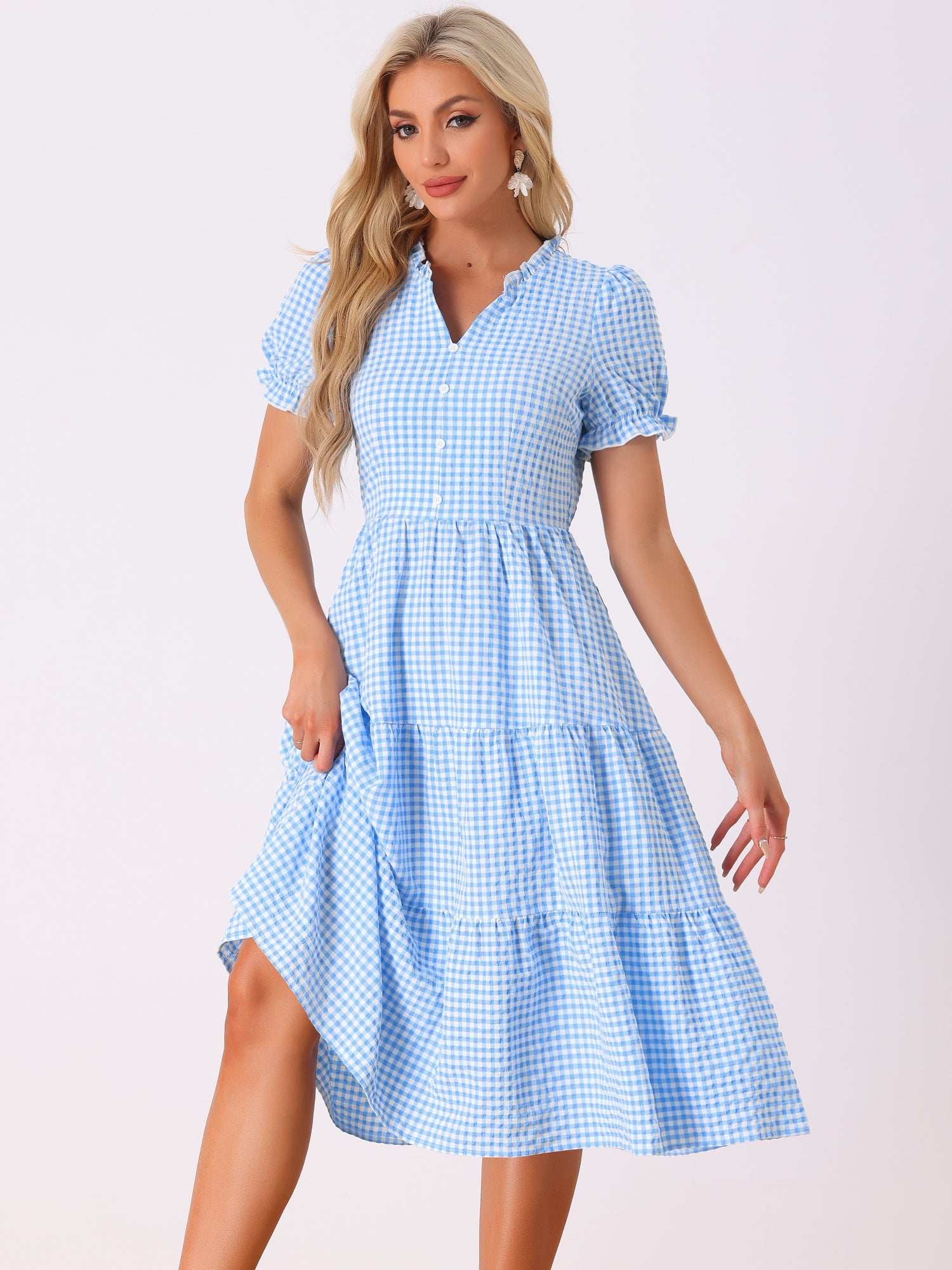 Ruffle Trim V Neck Button Decor Plaid Gingham Tiered Midi Dress