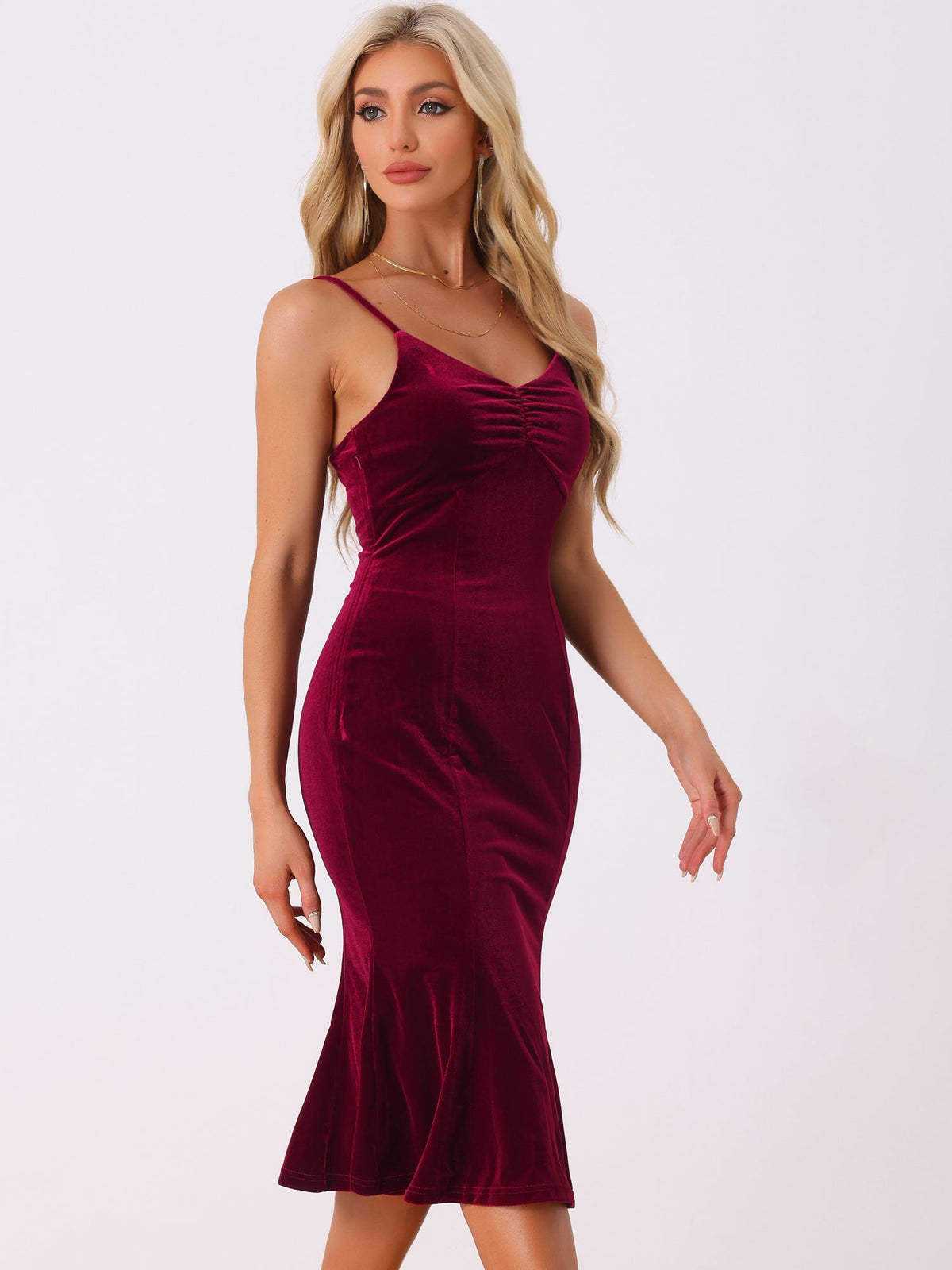Spaghetti Straps V Neck Fishtail Cocktail Velvet Midi Dress