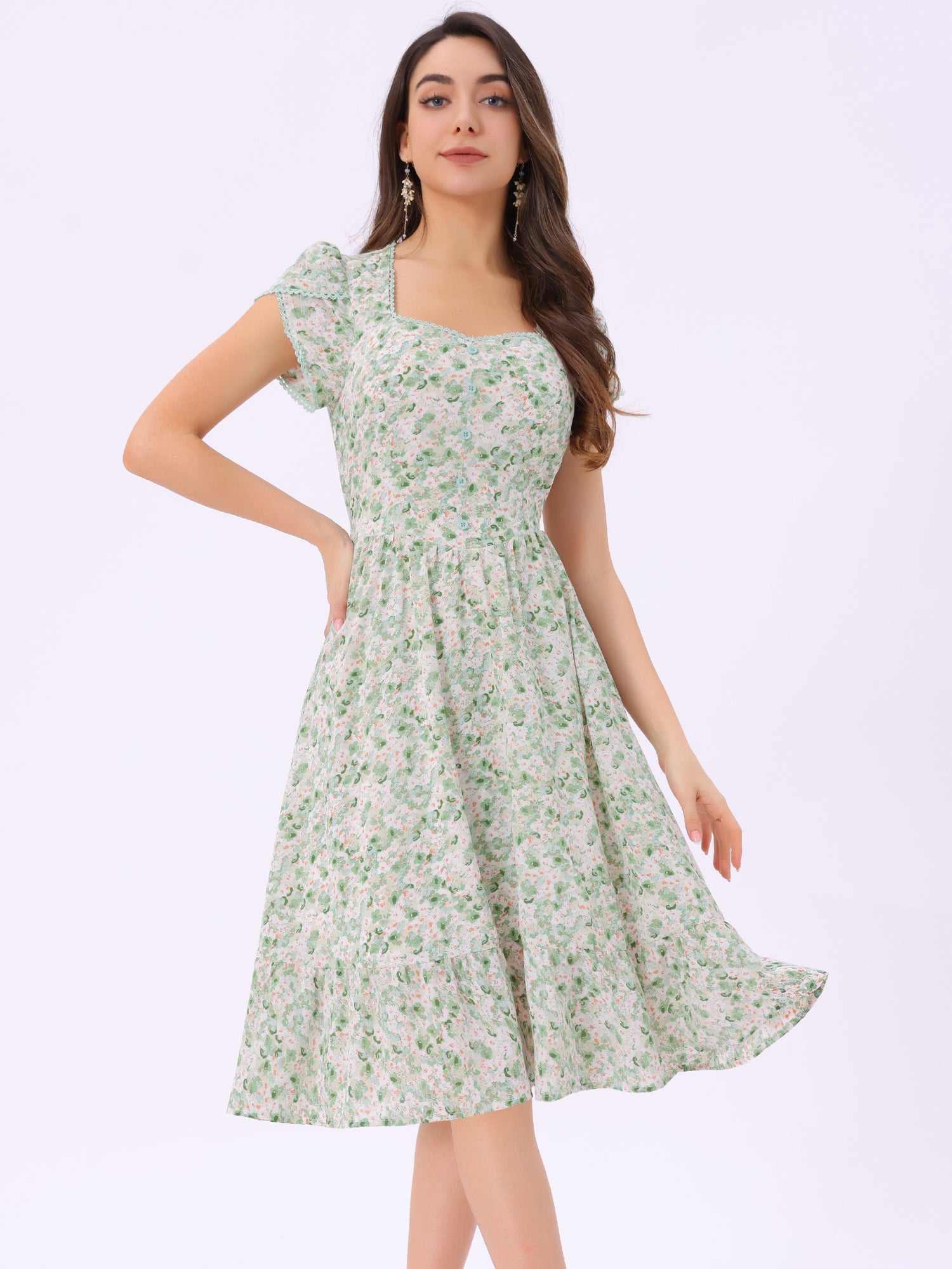 Summer Petal Sleeve Boho Floral Print Midi Dress