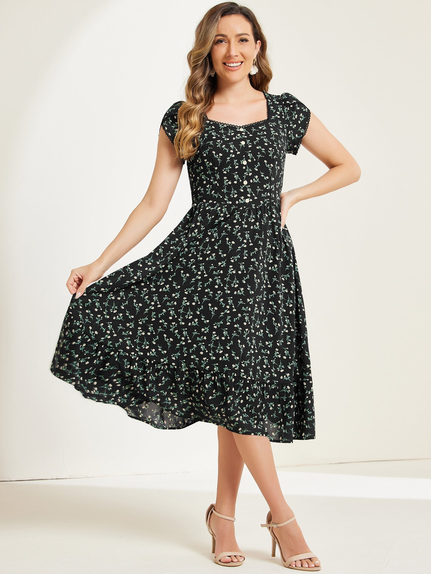 Summer Petal Sleeve Boho Floral Print Midi Dress