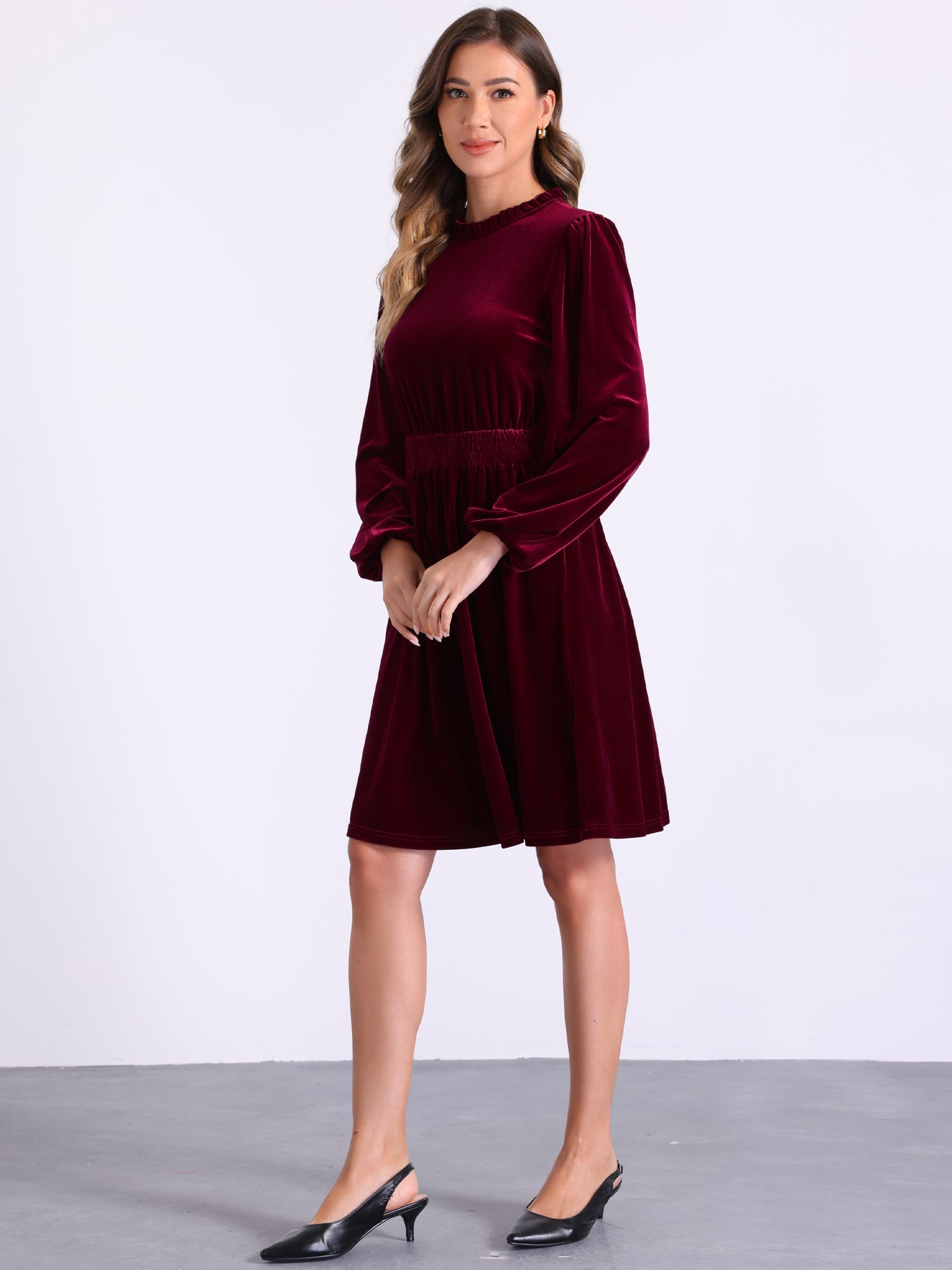 Velvet Smocked Waistline Long Sleeve Midi Dress