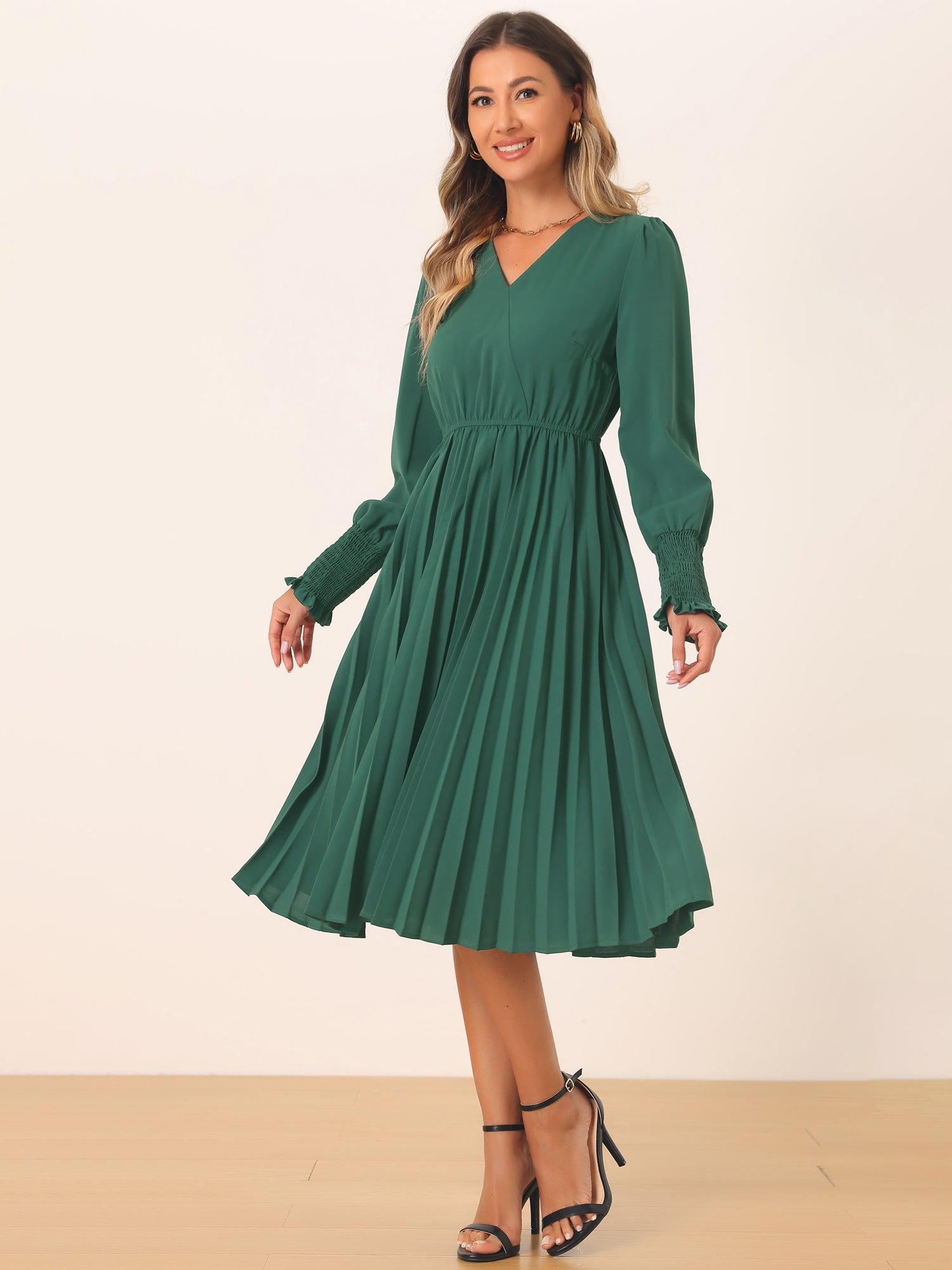 Smocked Long Sleeve Flowy A-Line Midi Pleated Dress