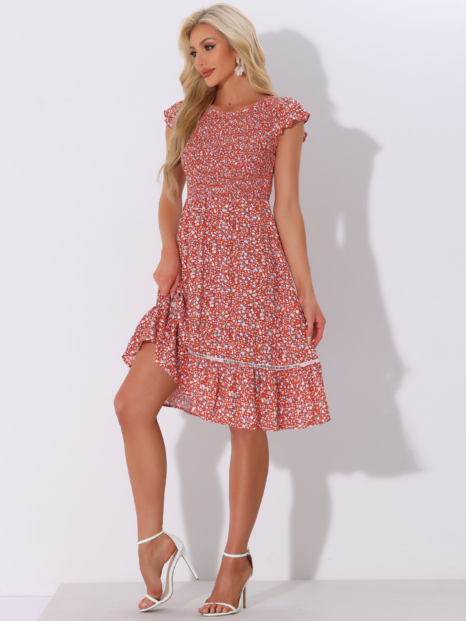 Midi Smocked Cap Short Sleeve Floral Fit and Flare Dress