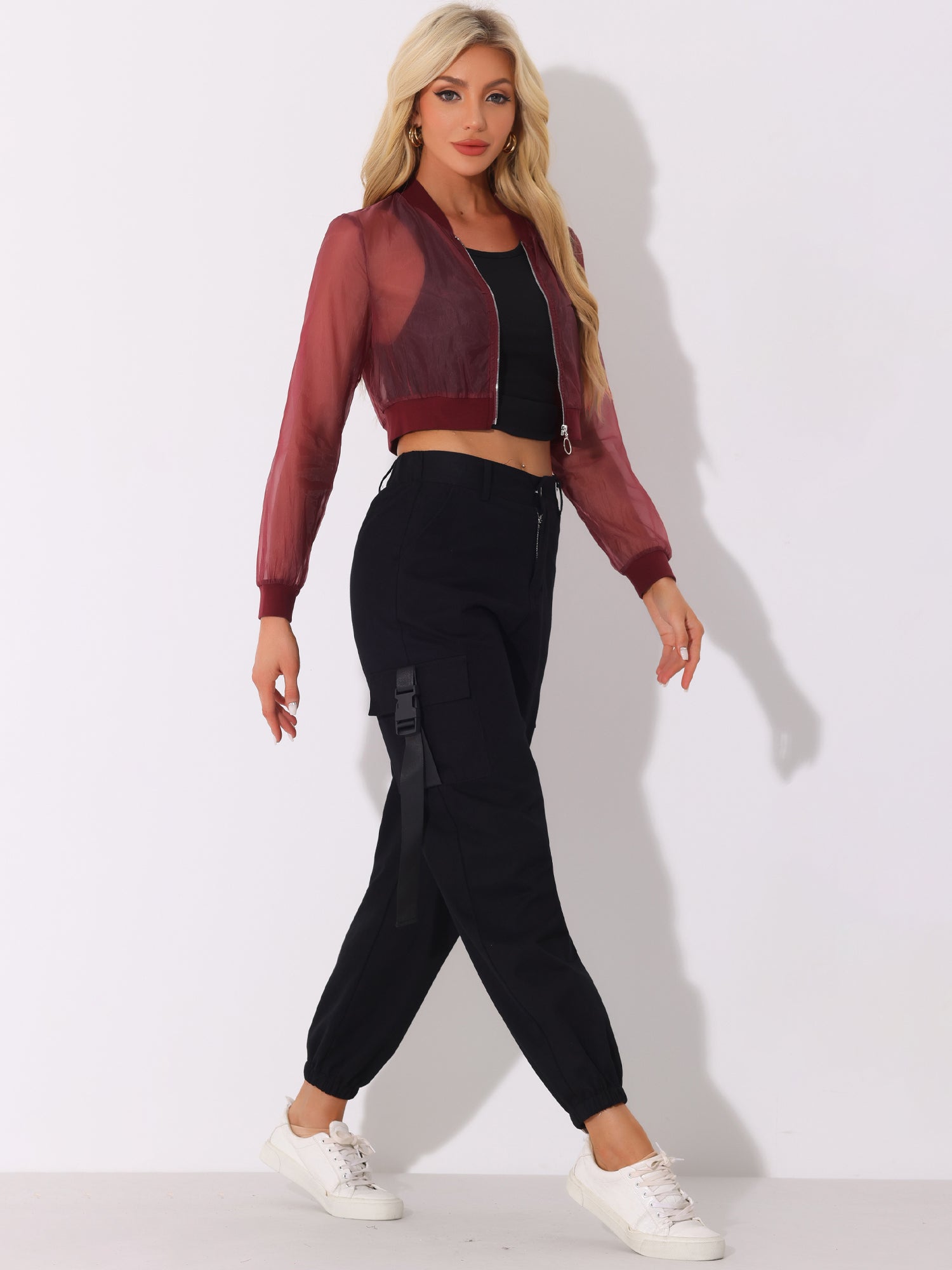 Bomber Long Sleeve Crop Mesh Sheer Zip Up Jackets