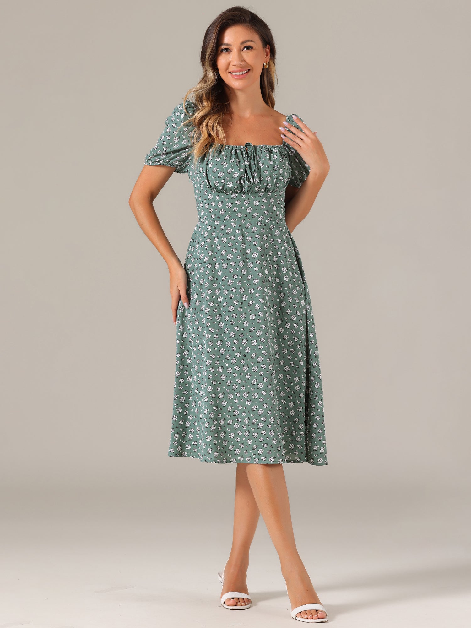 Square Neck Smocked Shirred Puff Sleeves Floral Midi Dress