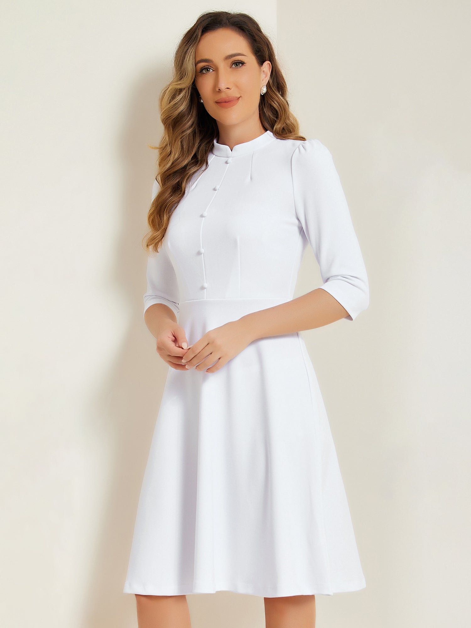Retro 3/4 Sleeve Stand Collar Office Work Elegant A-Line Dress