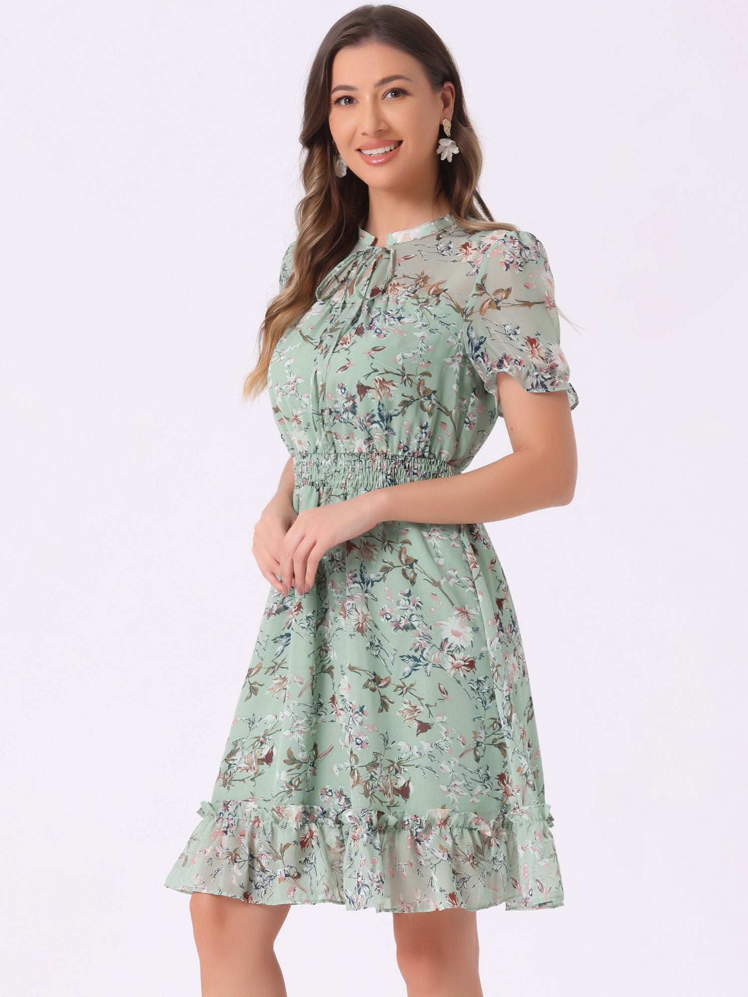 Floral Smocked Tie Neck Puff Sleeve Ruffle Chiffon Tiered Dress