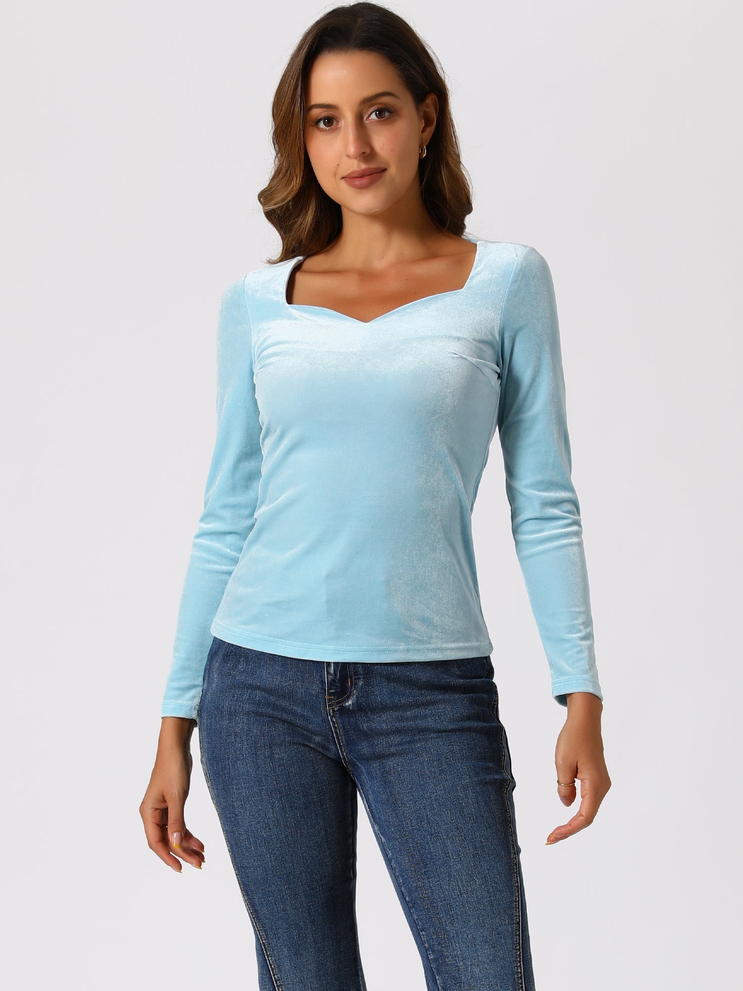 Casual Velvet Long Sleeve Solid Color Sweetheart Neck Blouse
