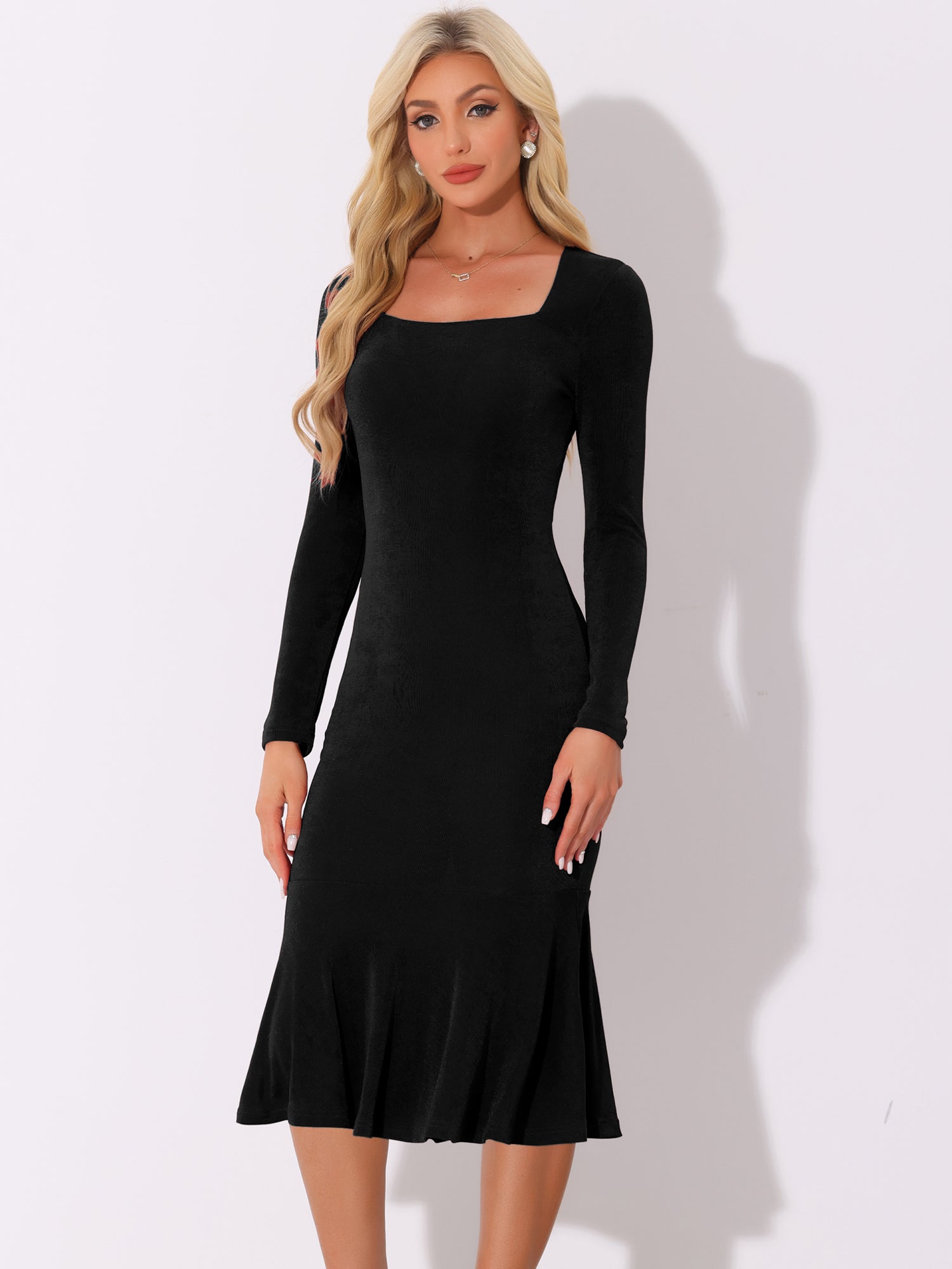 Square Neck Long Sleeve Bodycon Fishtail Midi Dress