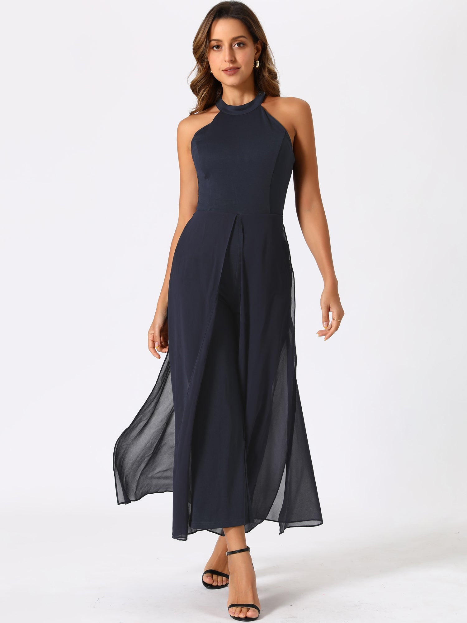Sleeveless Halter Neck Belted Elegant Wedding Cocktail Dressy Jumpsuits