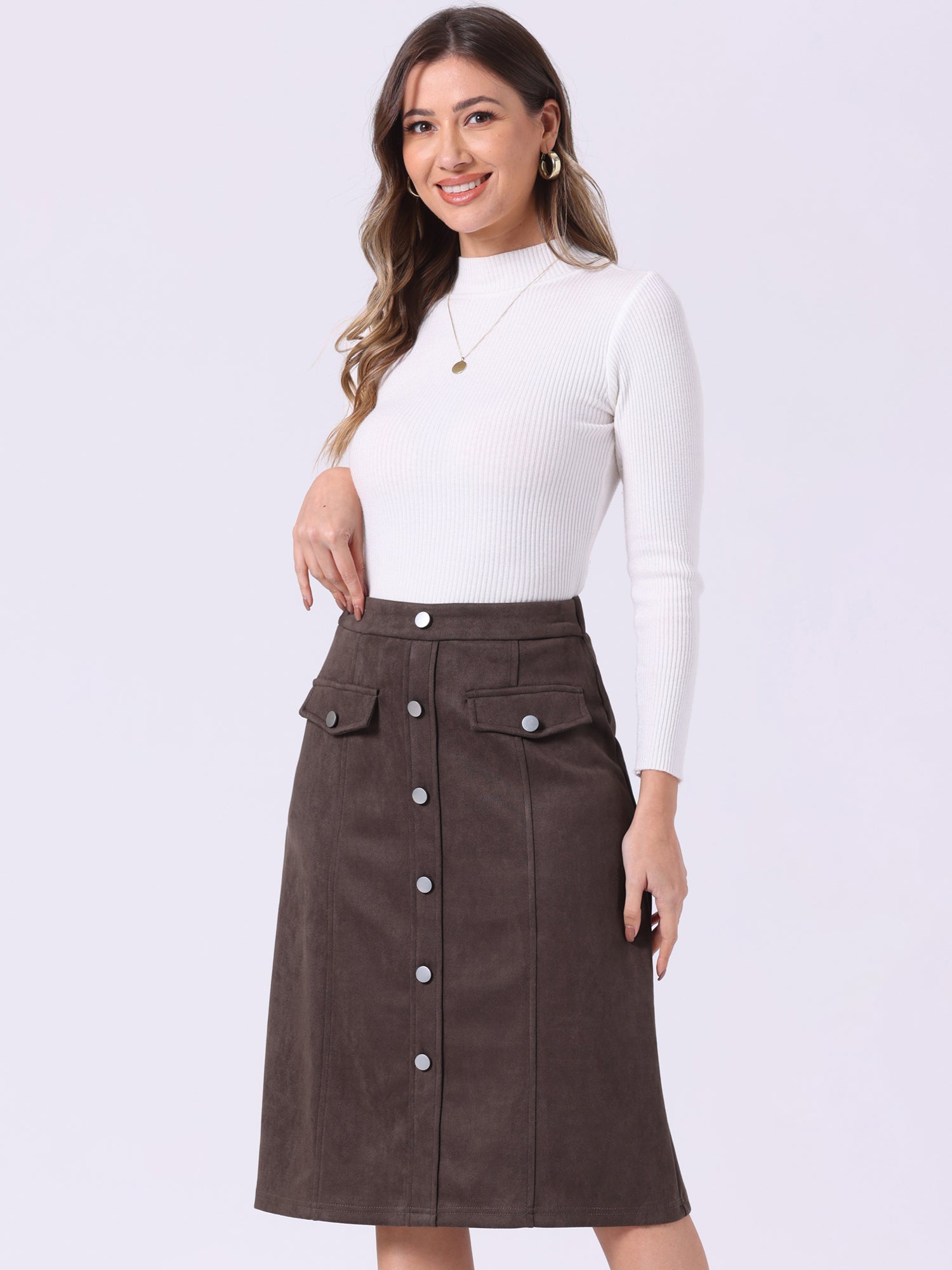 High Waist Faux Suede Knee Length A-Line Skirt