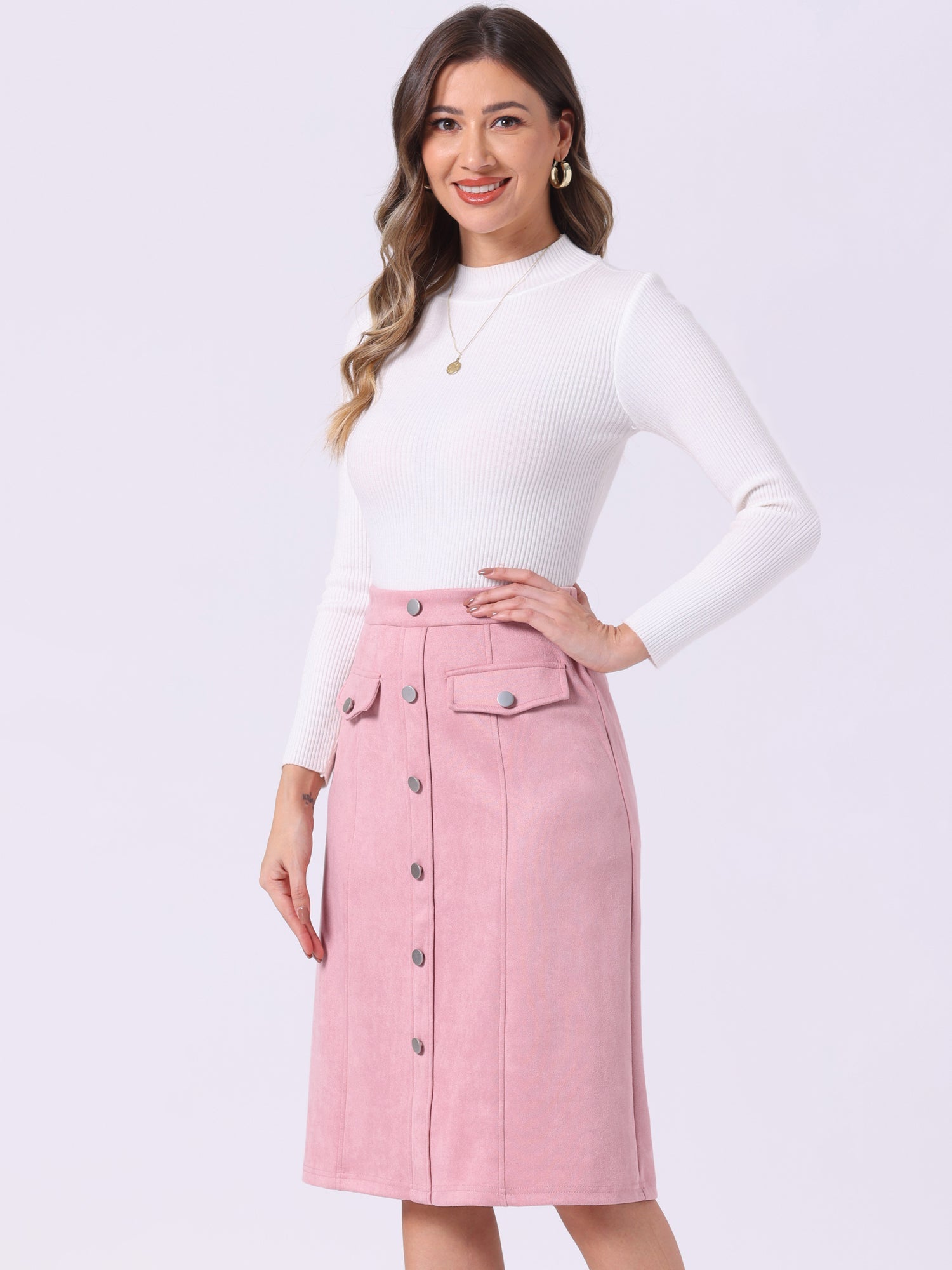 High Waist Faux Suede Knee Length A-Line Skirt