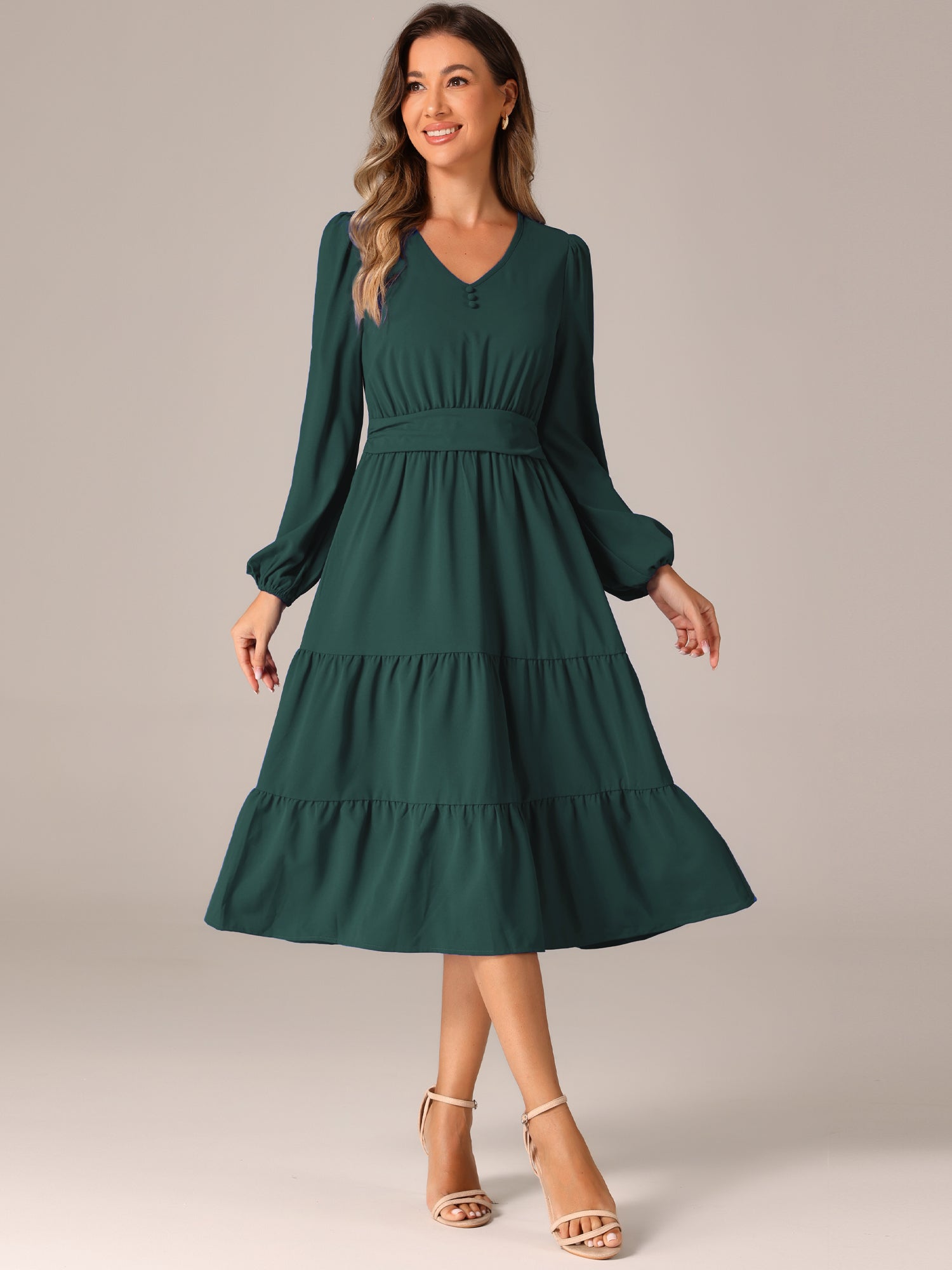 Lantern Sleeve Pocketed Ruffled Tiered A-Line Midi Dress