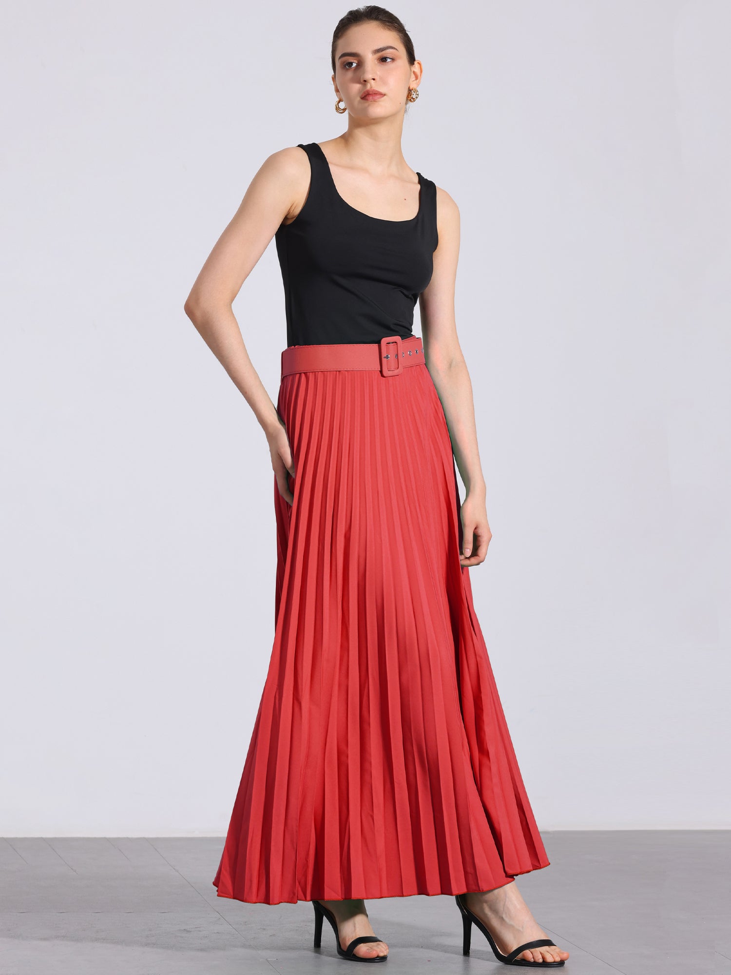 Flowy Pleated Elastic High Waist Belted Swing A-line Maxi Skirt