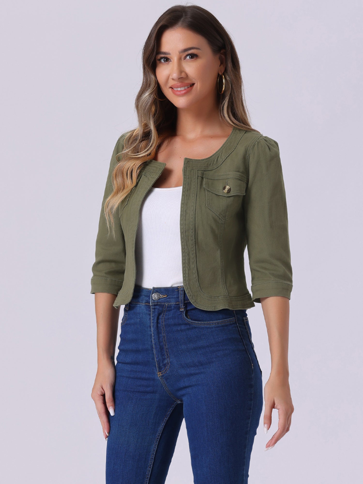 Denim Collarless Pockets 3/4 Sleeve Feminine Style Jacket