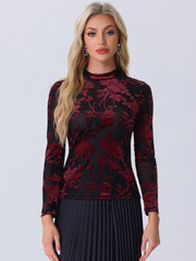 See Through Mesh Mock Neck Velvet Floral Blouse