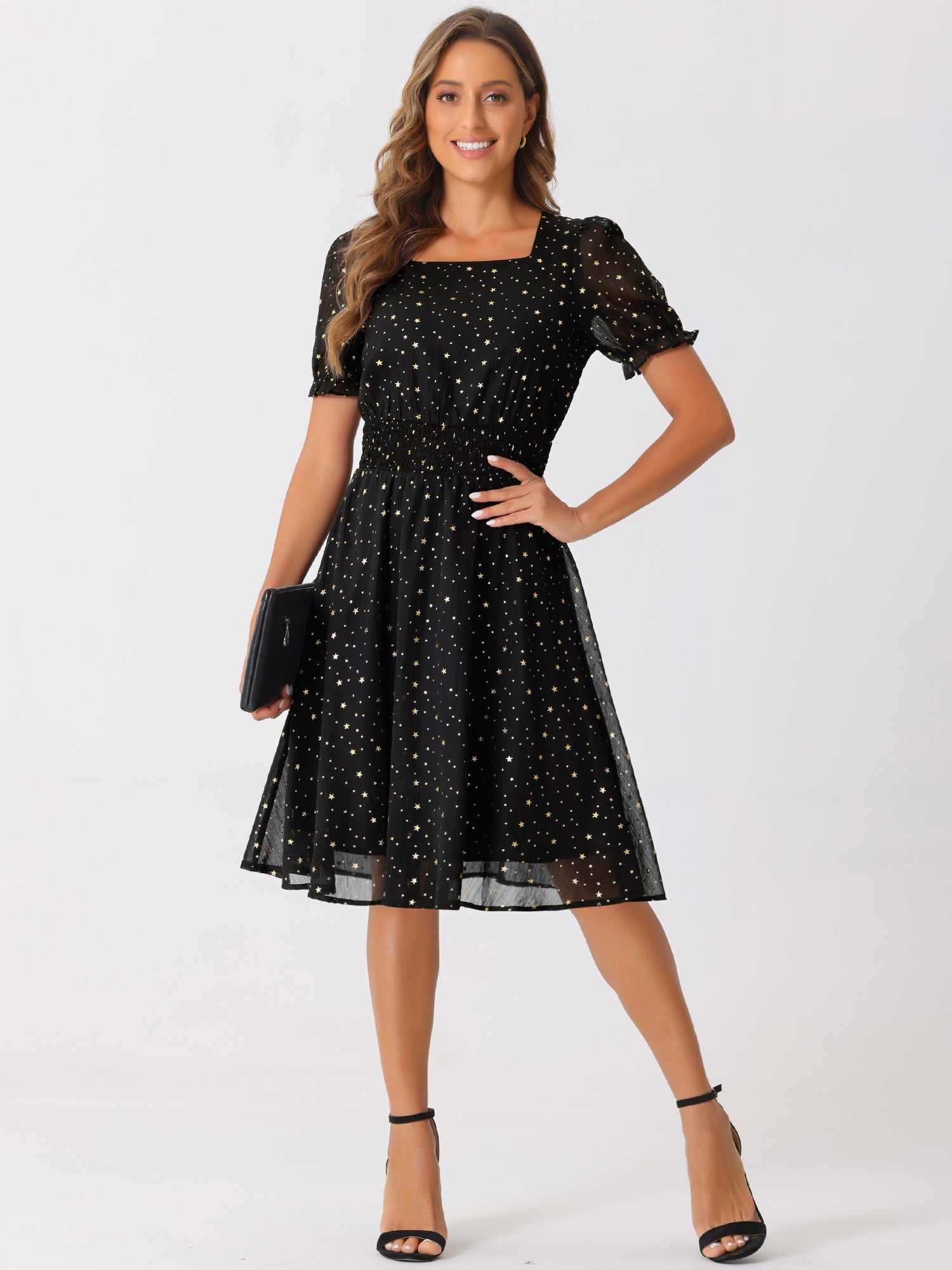 Square Neck Metallic Stars Ruffle Short Sleeve A-Line Smocked Waist Midi Dress