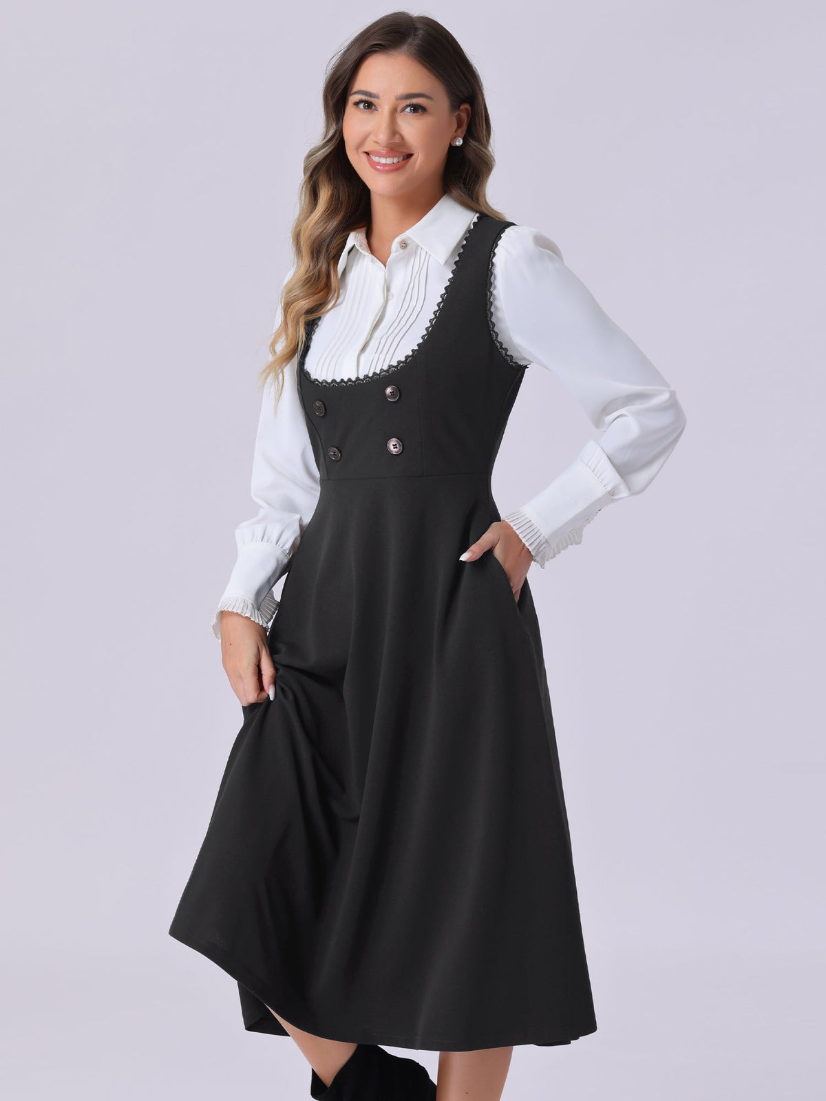 Lace Trim Button Decor Pockets Overalls Midi Pinafore Dress