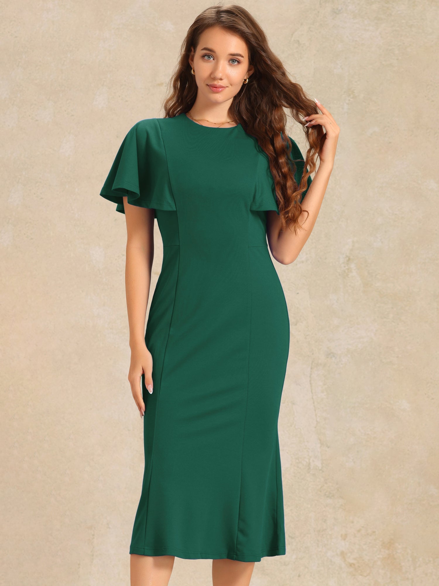 Ruffle Sleeve Round Neck Casual Cocktail Party Work Midi Sheath Dress