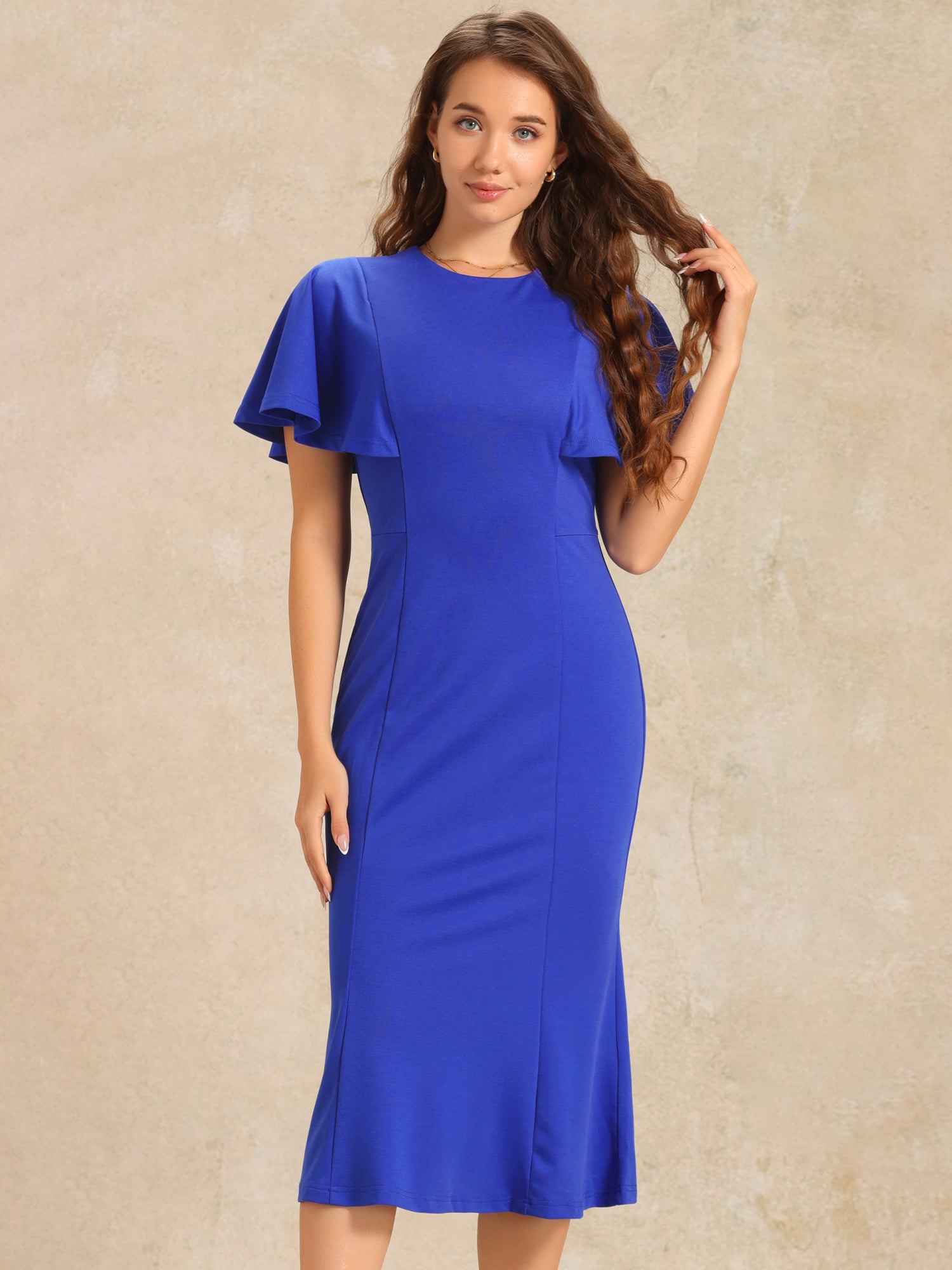 Ruffle Sleeve Round Neck Casual Cocktail Party Work Midi Sheath Dress