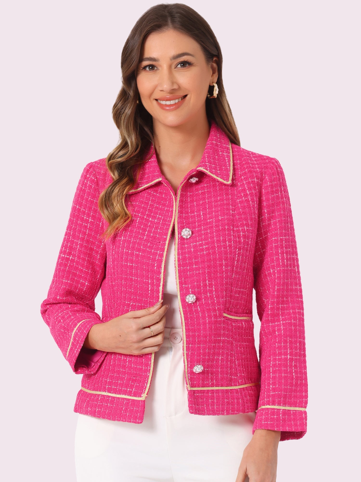 Collared Long Sleeve Contrast Trim Button Down Work Short Jacket
